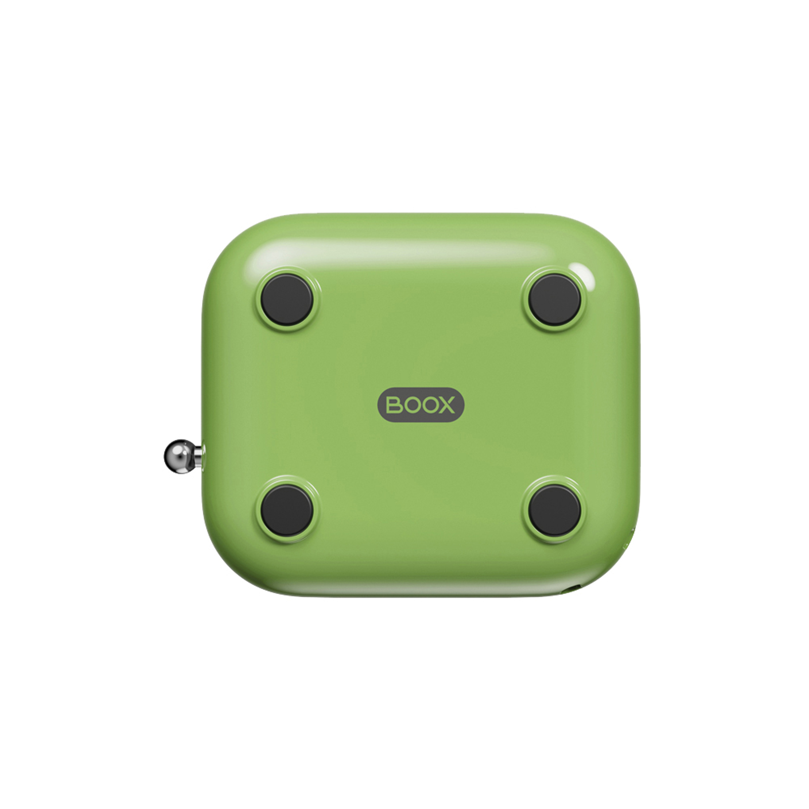 Dispositivo BOOX verde con quattro piedini neri e una manopola argentata sul lato.