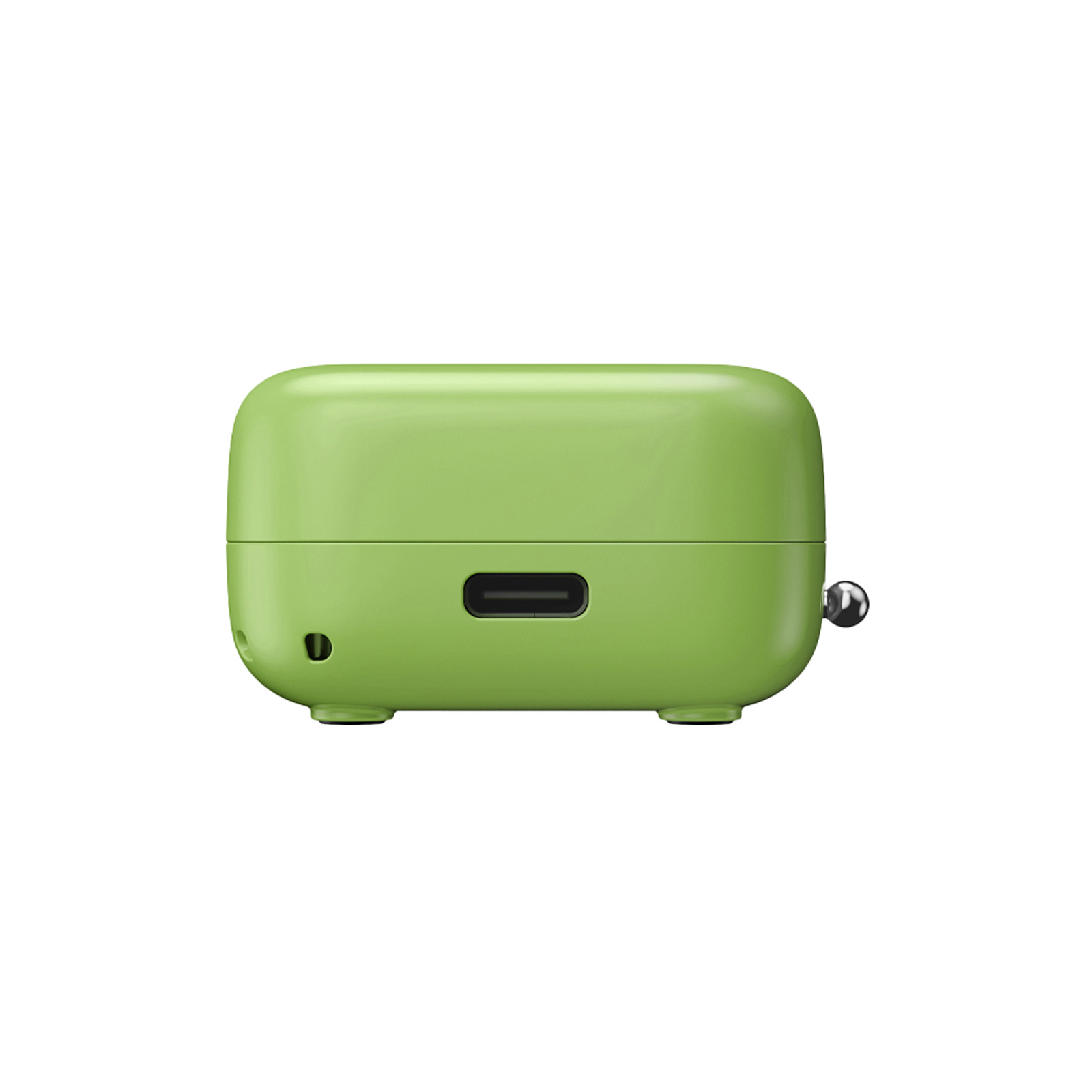 Una scatola piccola, verde chiaro, con porta USB-C e anello portachiavi.