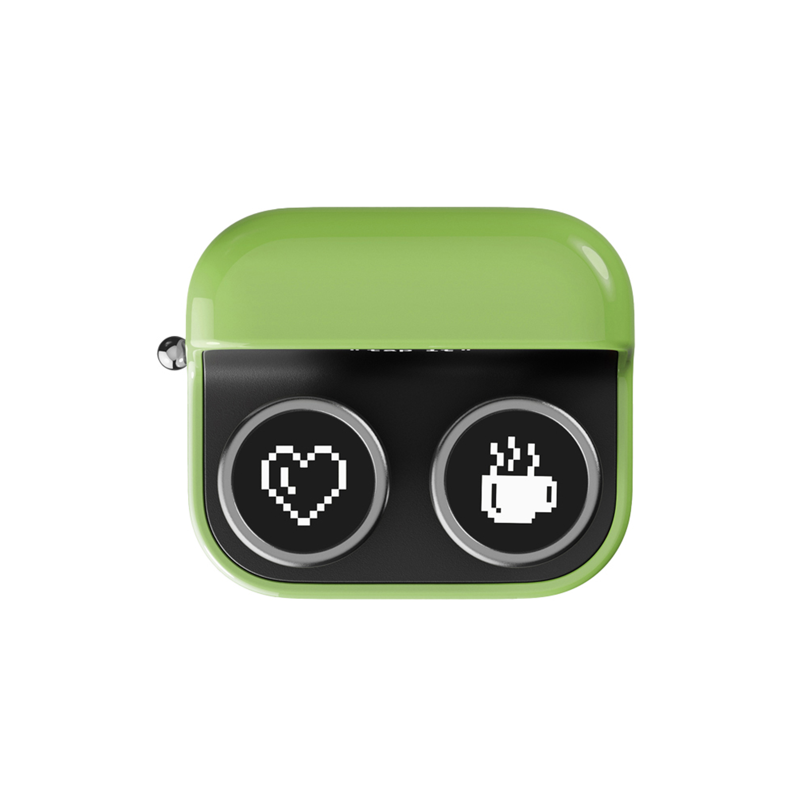 Una custodia verde lime con due pulsanti rotondi che mostrano un cuore e una tazza.