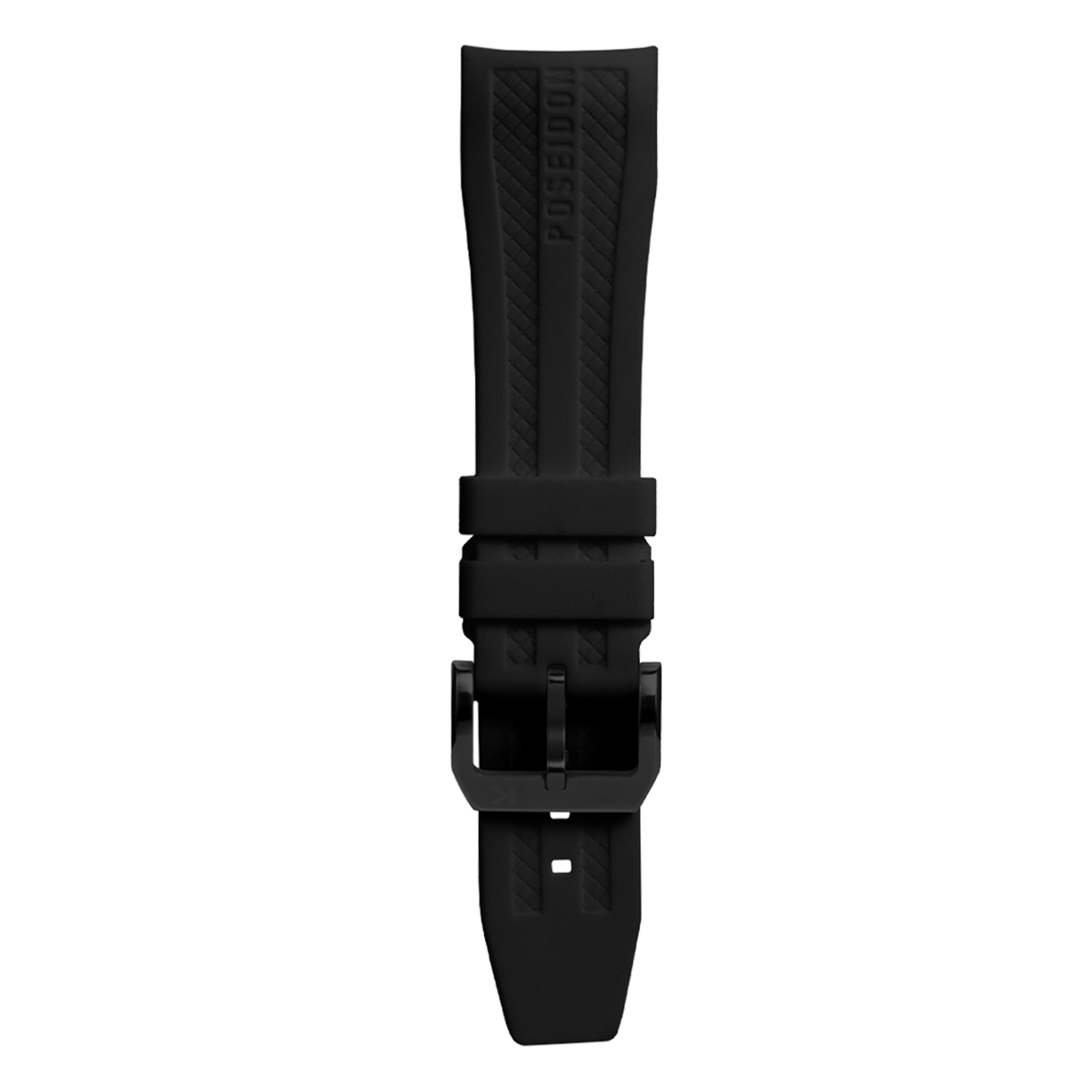Schwarzes Kautschuk-Uhrenarmband mit scharfer Schnalle und geprägtem Logo.
