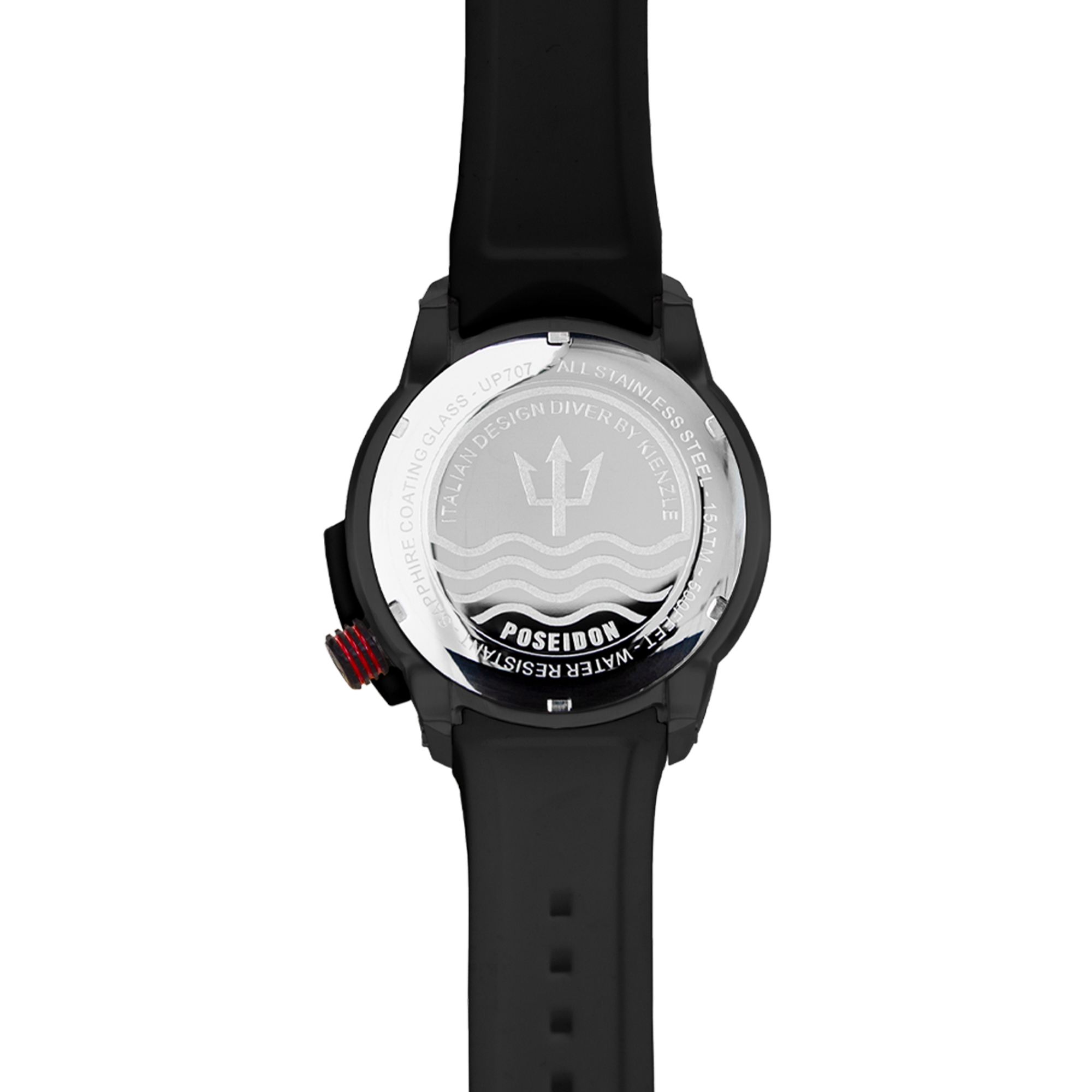 Schwarzes Armbanduhr-Gehäuse mit silbernem Boden, Poseidon-Logo.