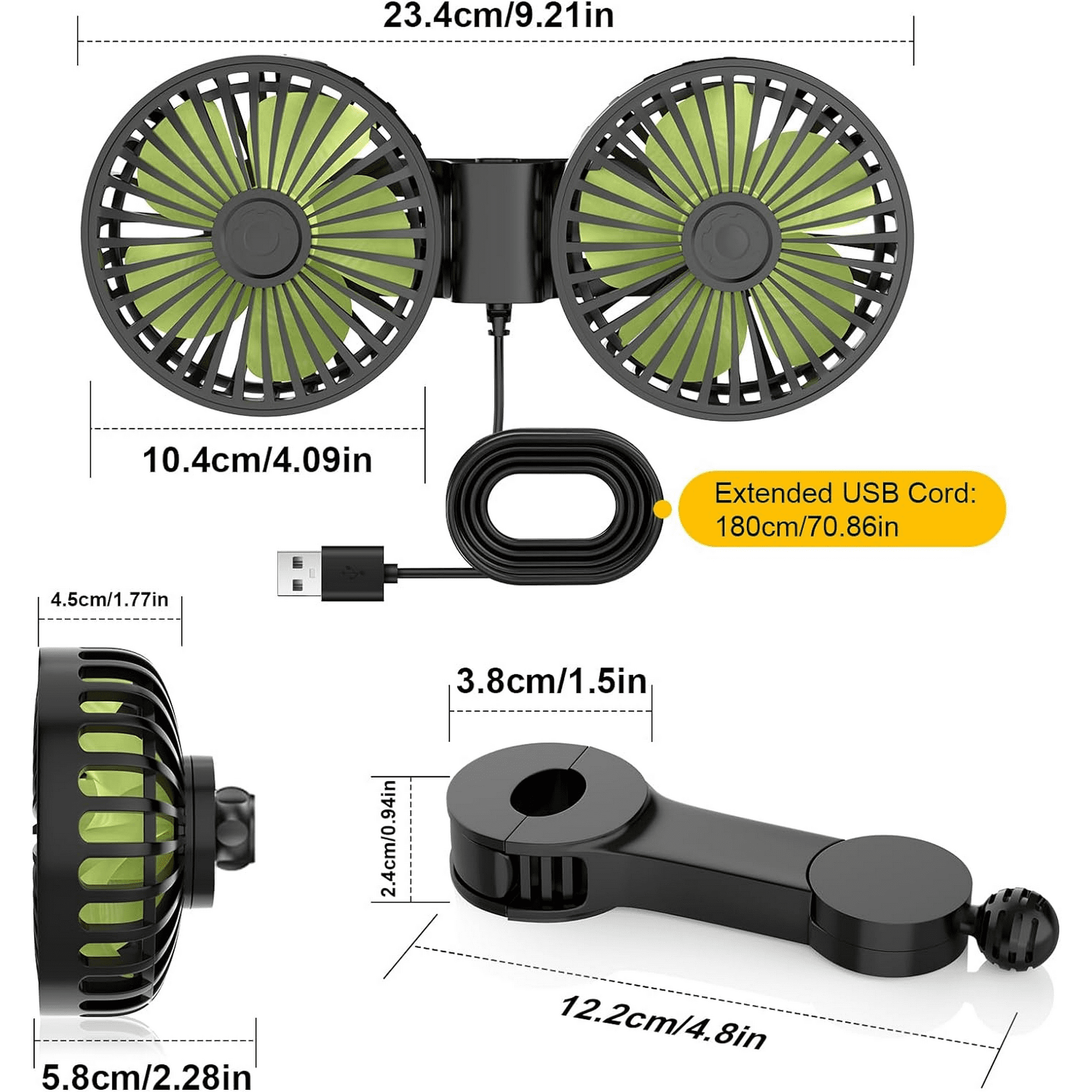 Schwarzer Doppelventilator mit grünen Flügeln, USB-Kabel und Halterung. Maße gezeigt.
