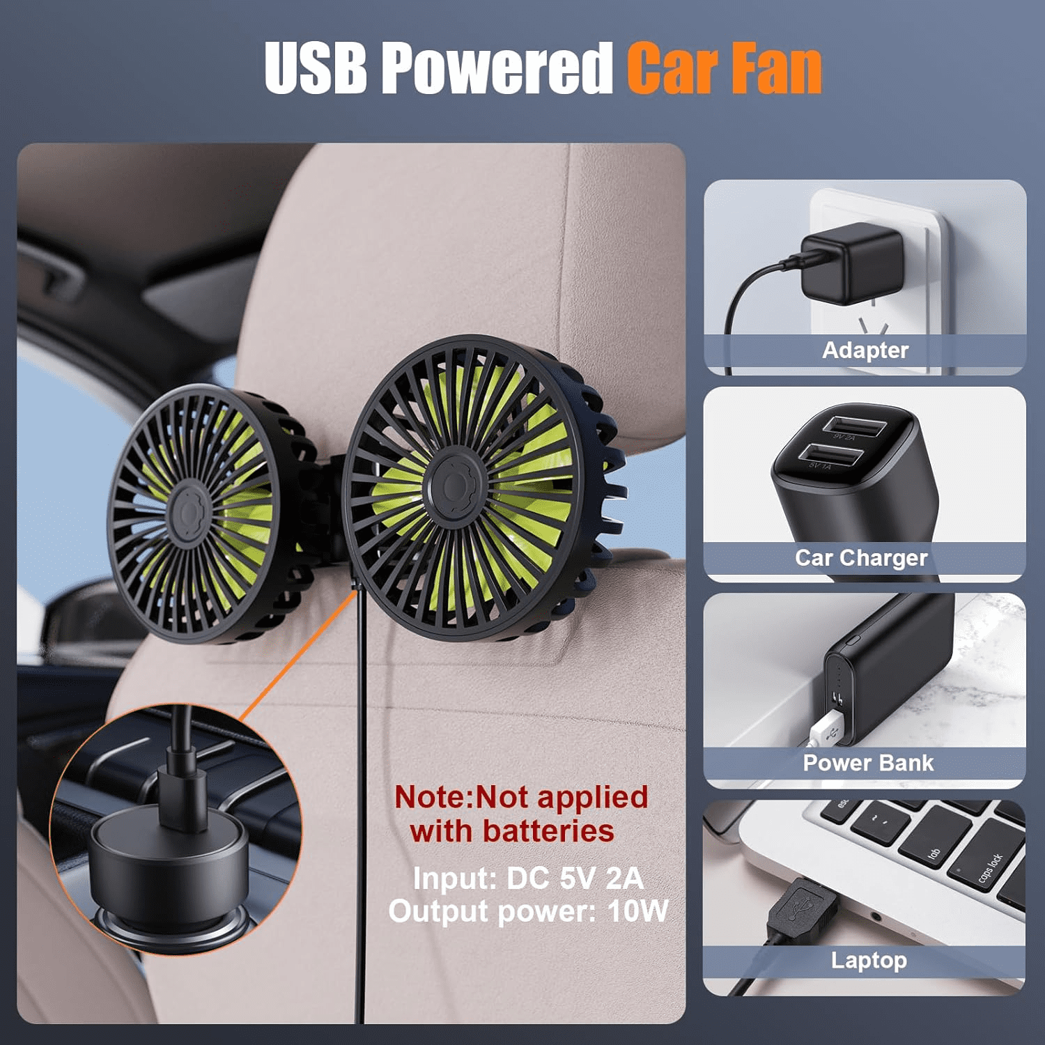 USB-betriebener Autolüfter an Autositz befestigt, verschiedene Stromquellen gezeigt.