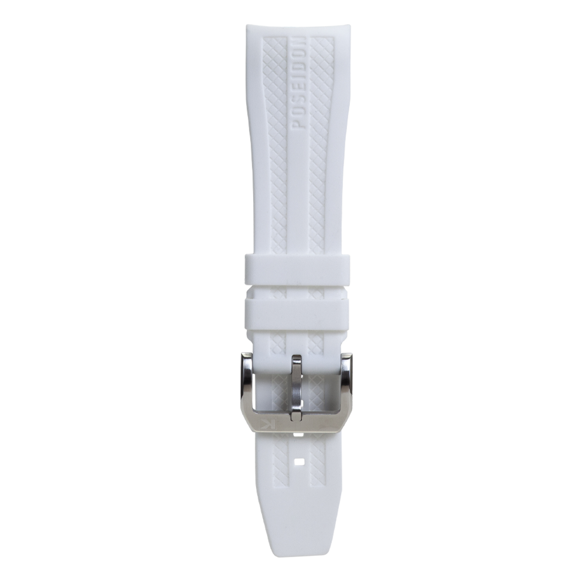Weißes Silikonuhrenarmband mit POSEIDON-Schriftzug und Metallschnalle.