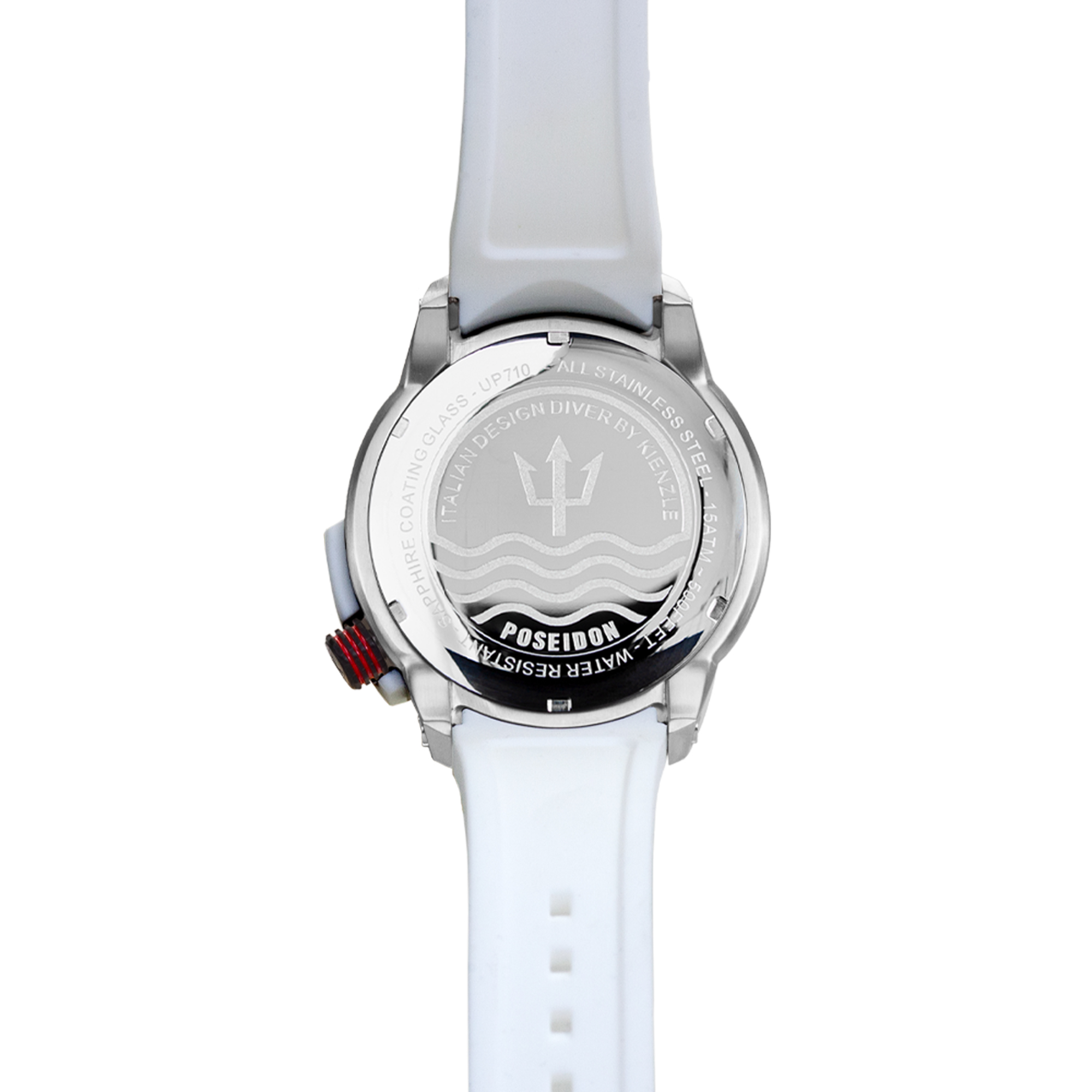 Rückseite einer weißen Taucheruhr mit silbernem Gehäuse und Poseidon-Logo.