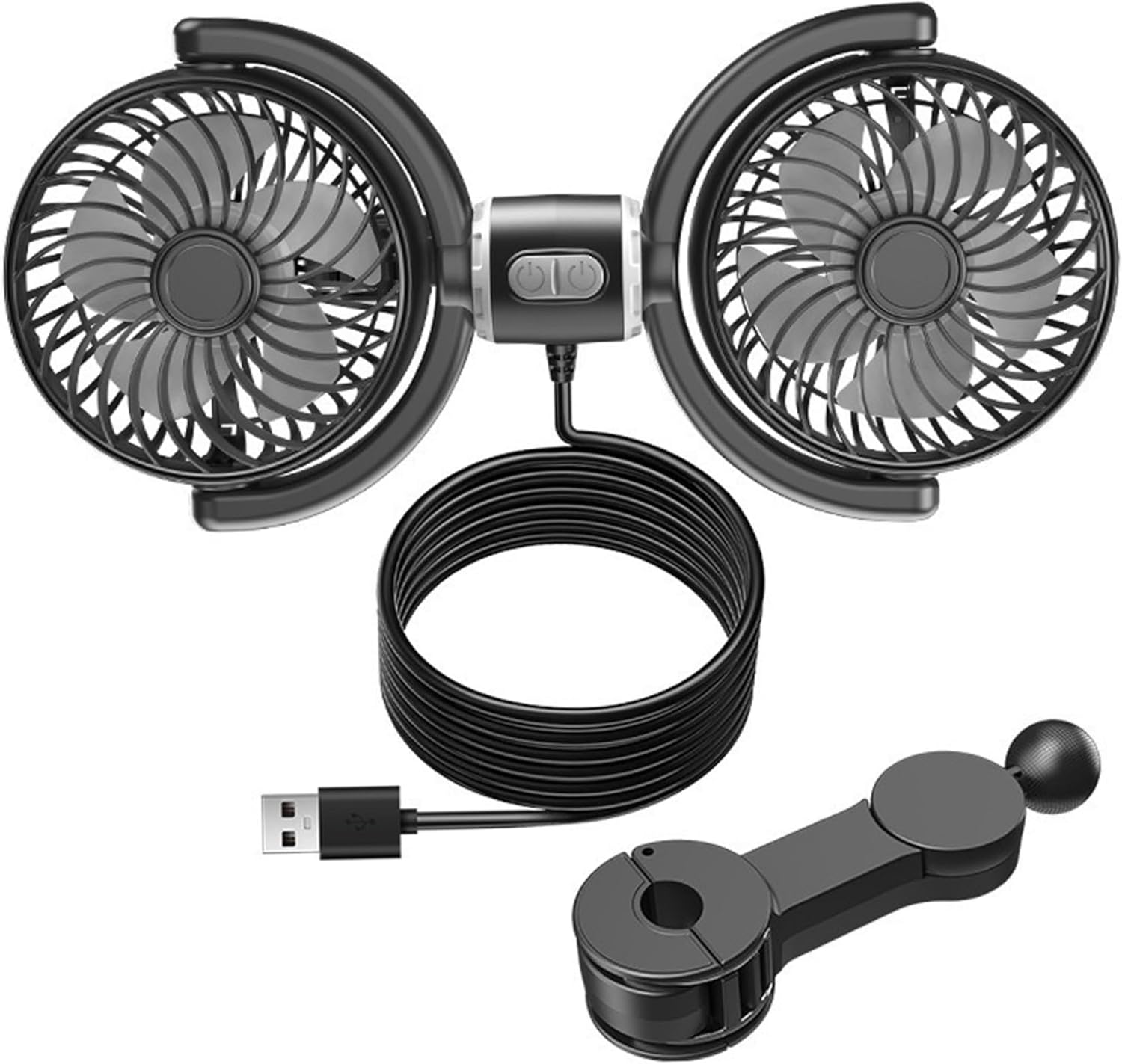 Ein schwarzer Doppelventilator mit USB-Kabel und Halterung.