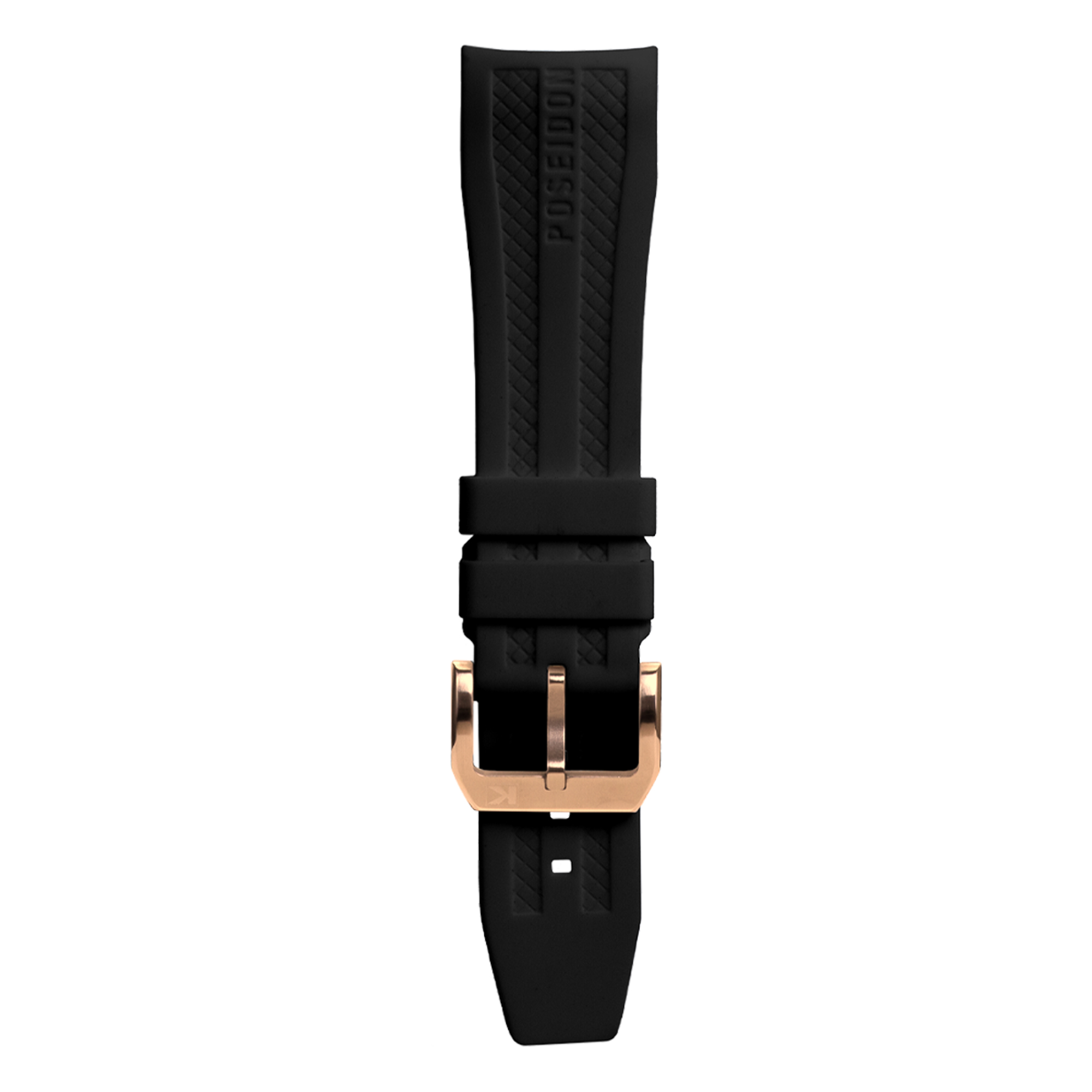 Schwarzes Uhrenarmband aus Gummi mit roségoldfarbener Schnalle und Prägung.