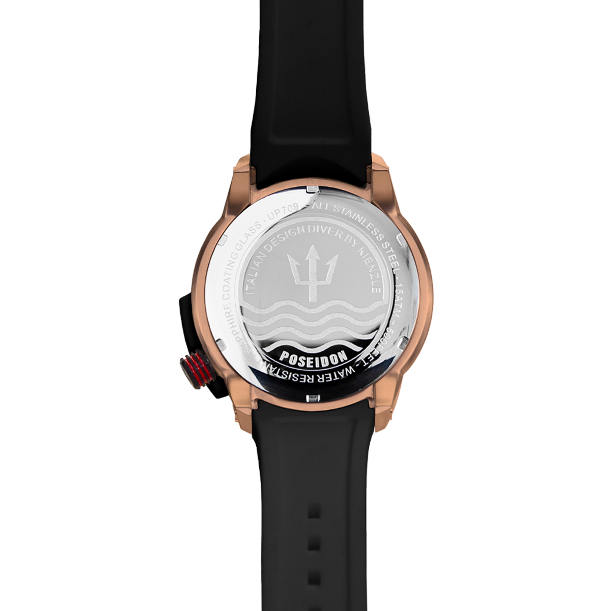 Rückseite einer roségoldfarbenen Taucheruhr mit schwarzem Armband und Gravuren.
