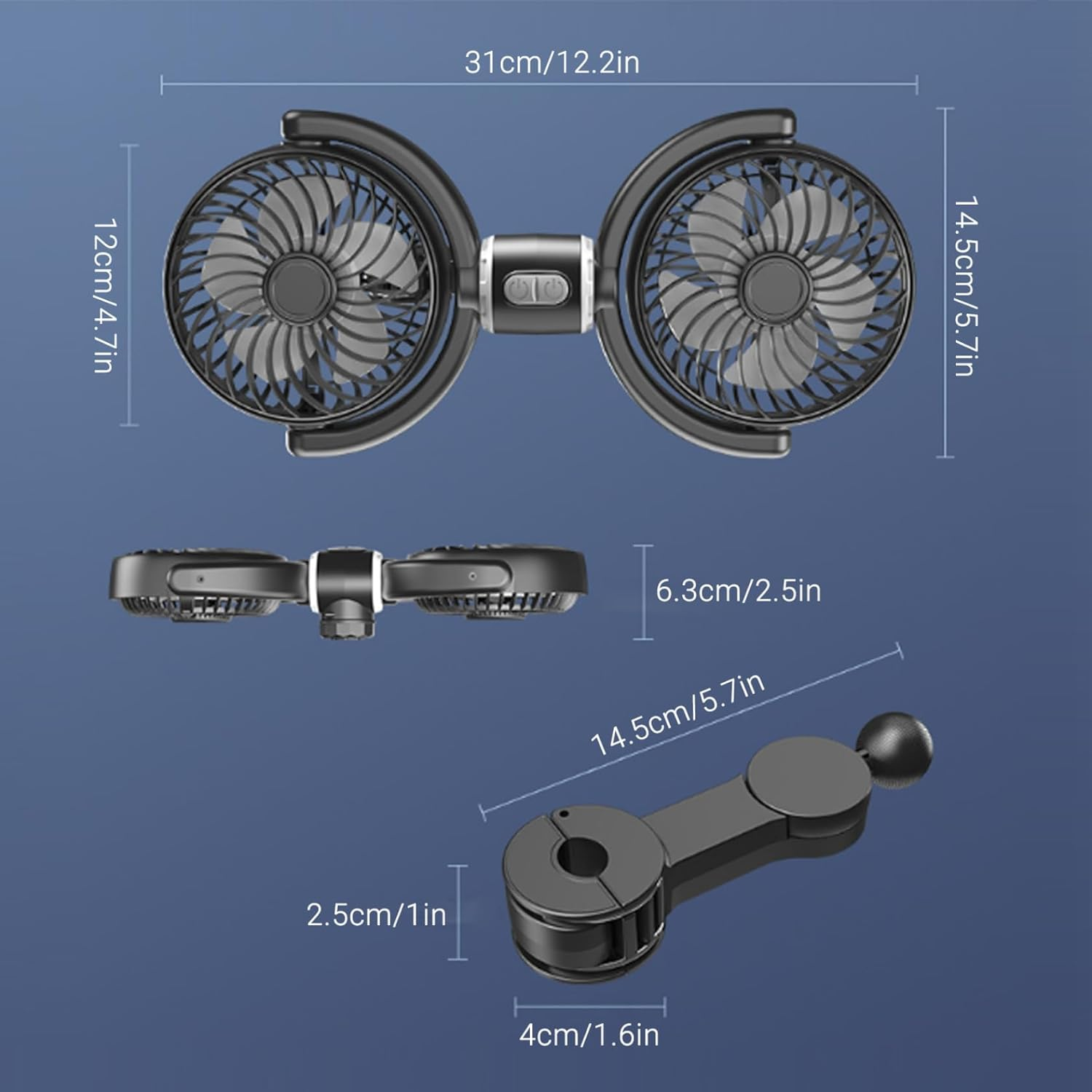 Schwarzer Doppelventilator mit Maßen. Auch eine Halterung.