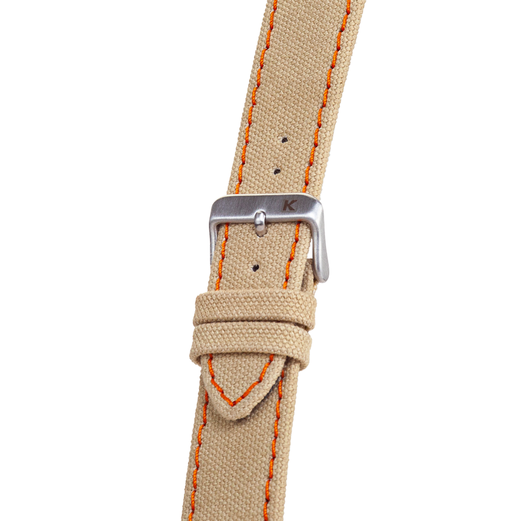 Beigefarbener Uhrenarmband aus Stoff mit orangefarbenen Nähten und Metallschnalle.