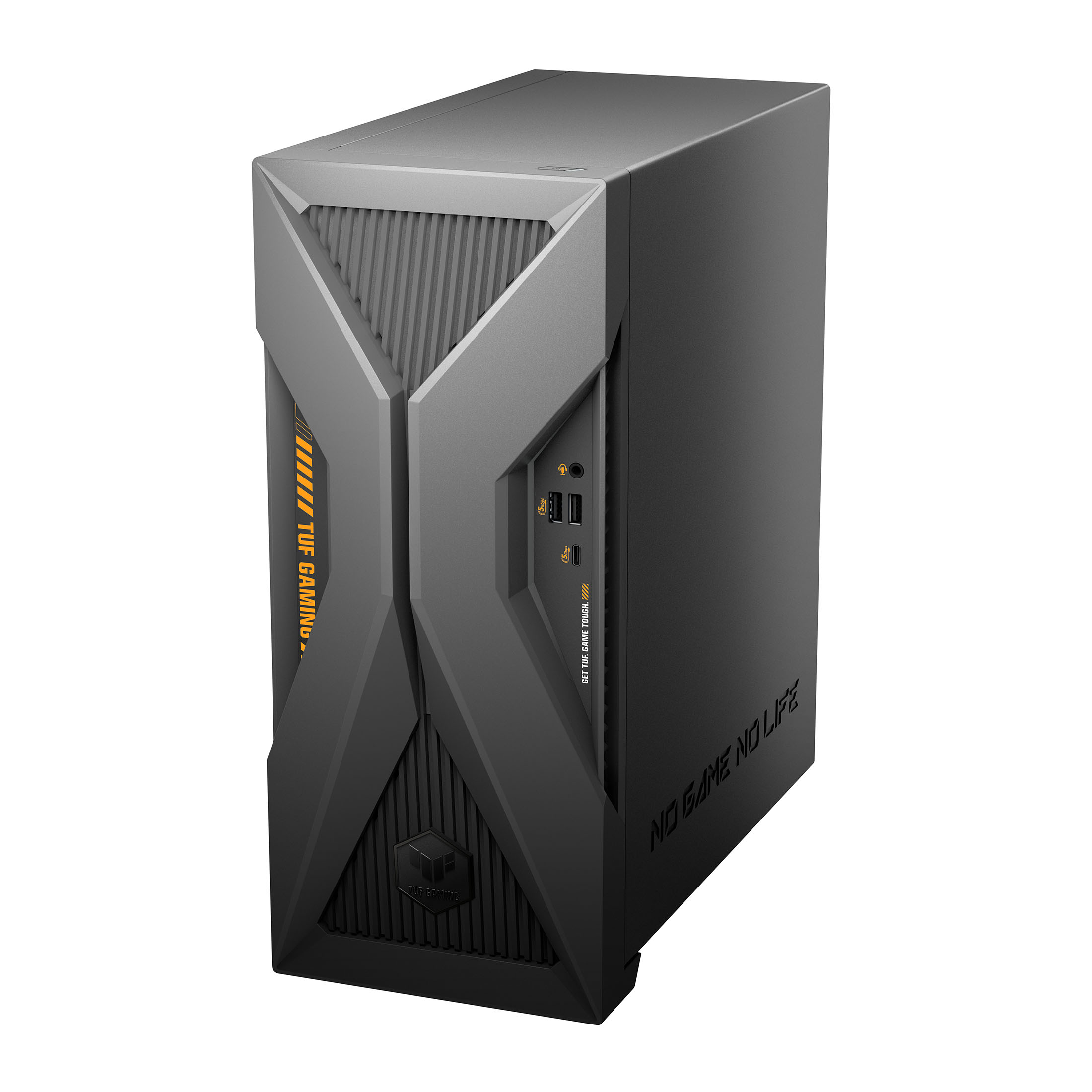 Schwarzes Gehäuse mit grauen Akzenten, USB-Ports und TUF Gaming Schriftzug.
