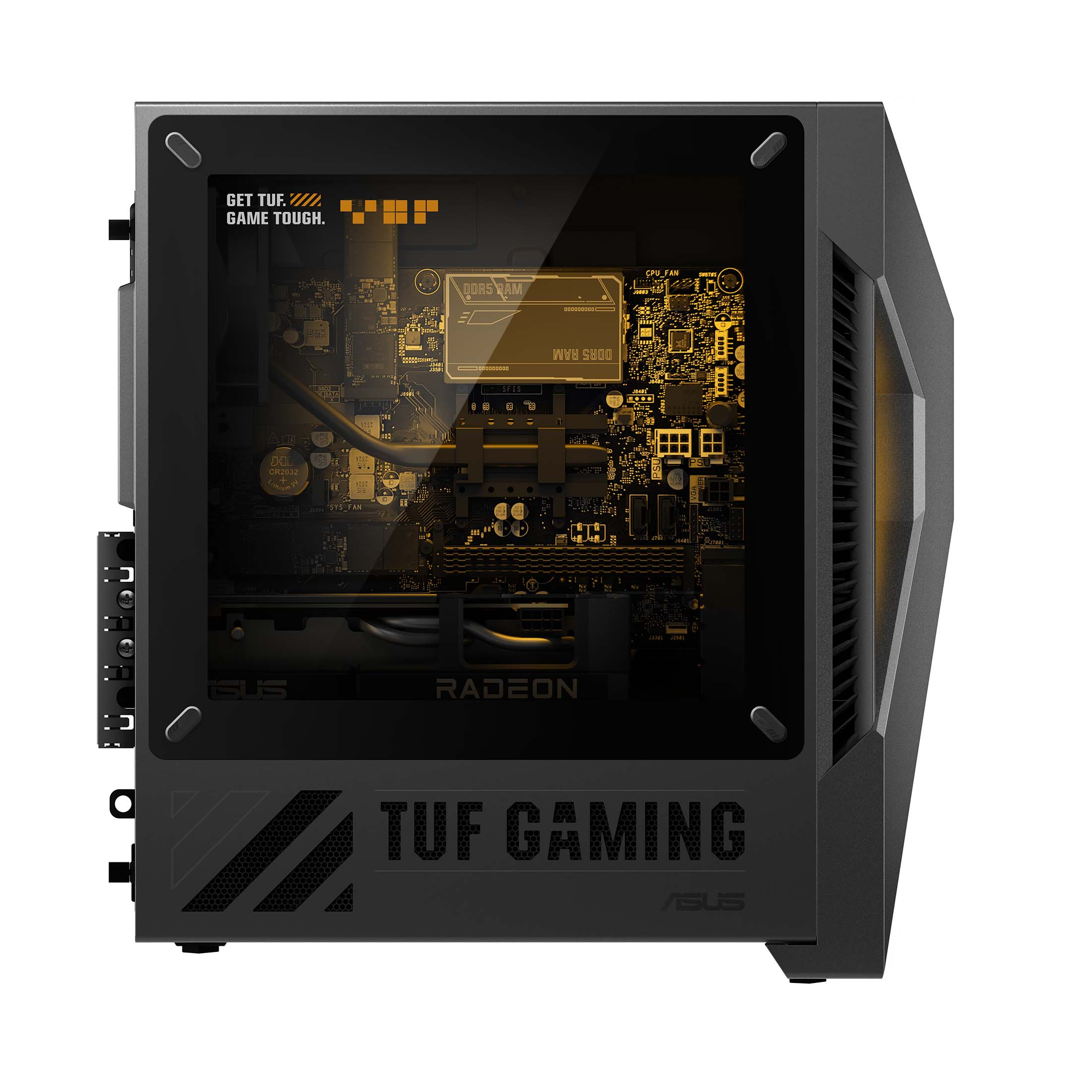 Ein schwarzer Gaming-PC mit Glasfenster zeigt die interne Hardware mit gelben Akzenten.