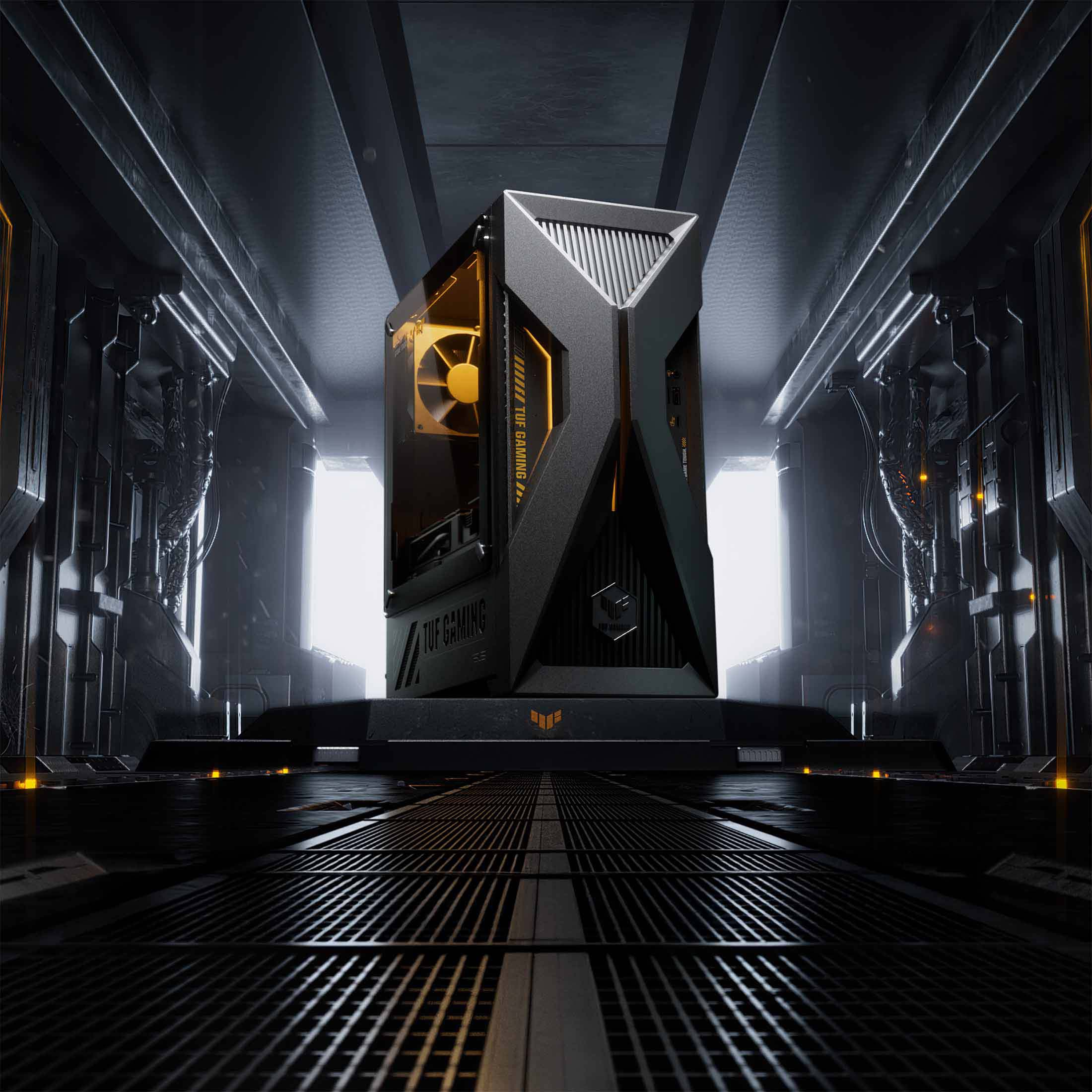 Ein schwarzes TUF Gaming PC-Gehäuse mit gelben Akzenten steht in einem futuristischen, schwach beleuchteten Flur.
