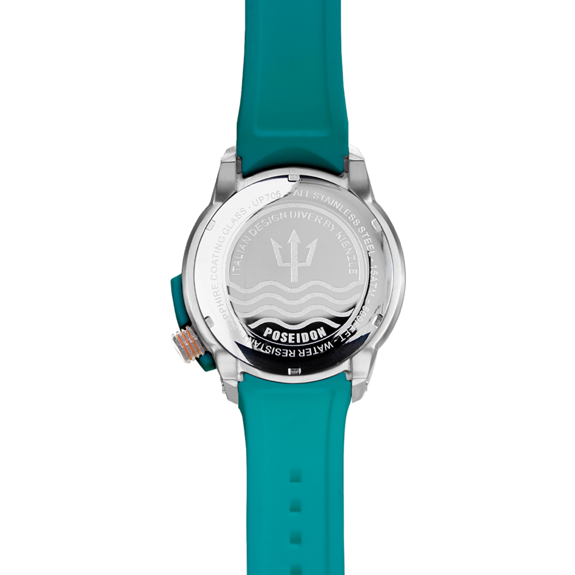Rückseite einer Taucheruhr mit türkisfarbenem Band und silbernem Gehäuse.