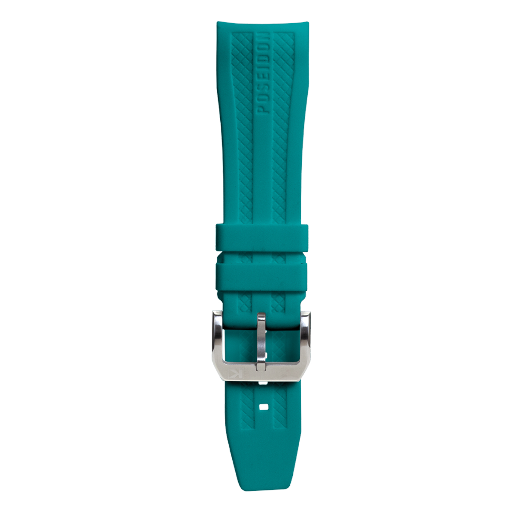 Ein türkisfarbener Uhrenarmband mit silberner Schnalle und geprägtem Muster.