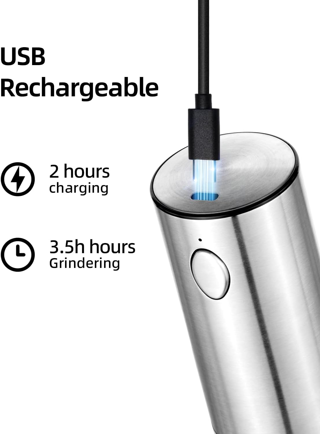 Silberner Grinder, USB-Aufladung. 2h Aufladung, 3,5h Mahlen. Weißer Knopf.