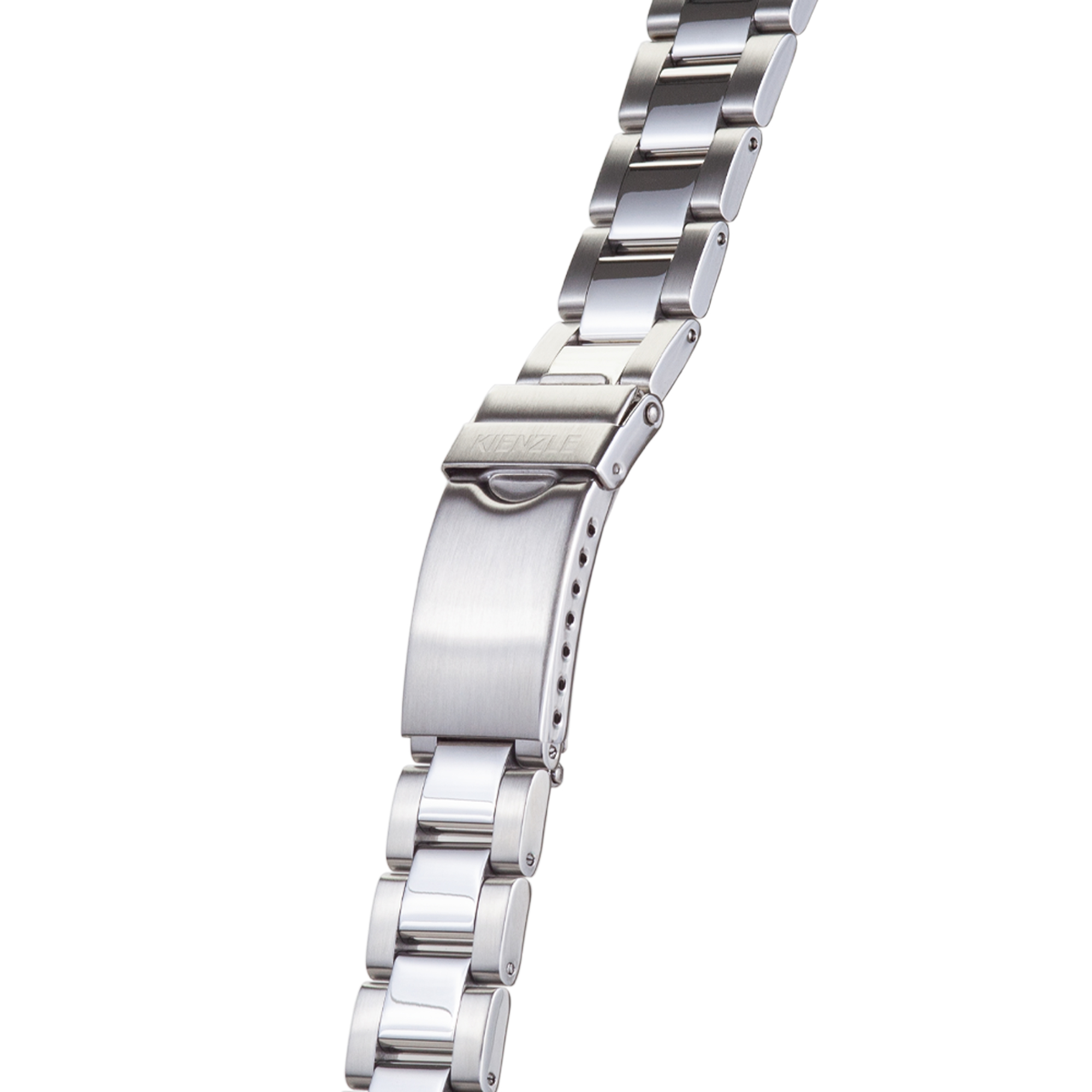 Ein silbernes Metallarmband mit einem Kienzle-Verschluss, das sich nach rechts biegt.