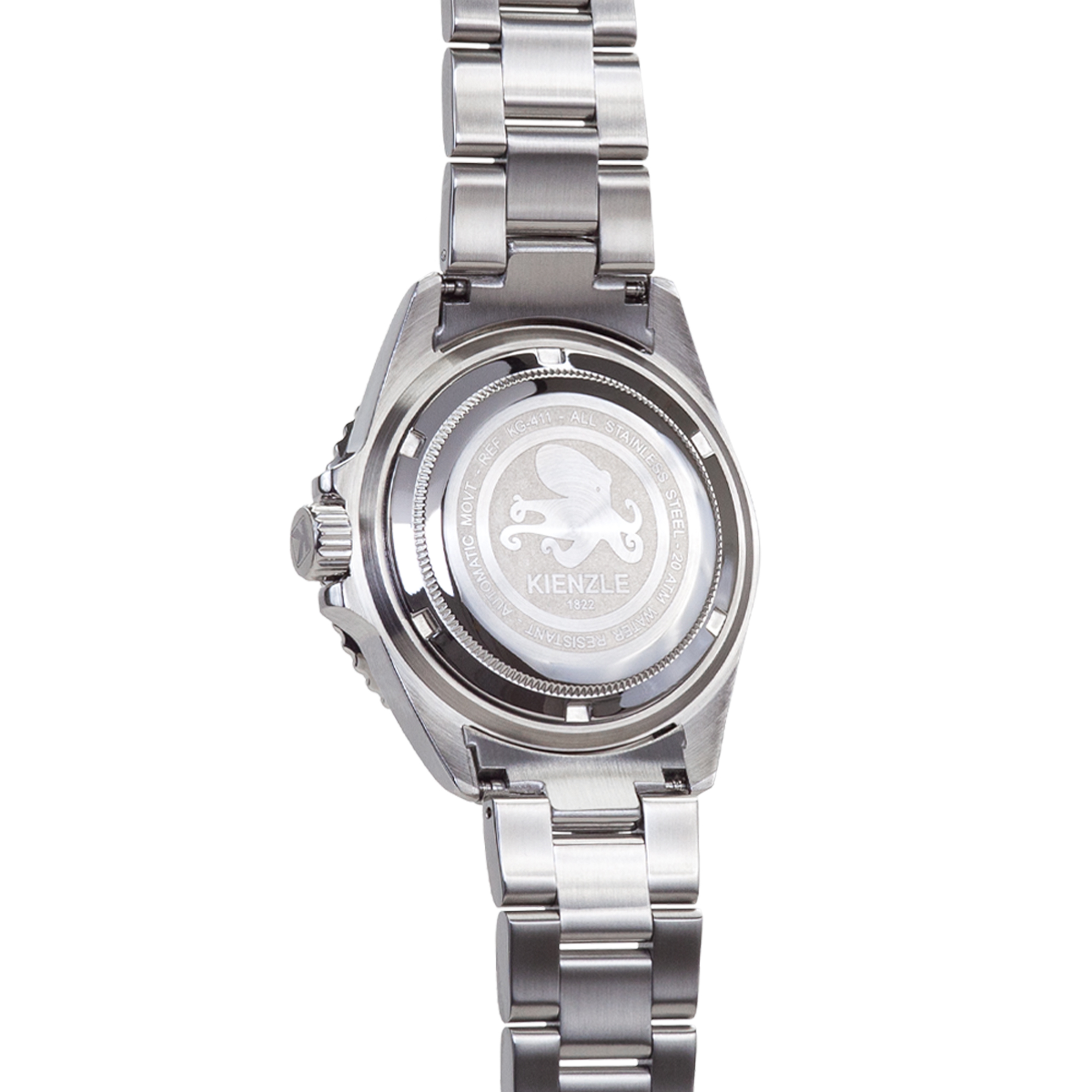 Rückseite einer Kienzle-Uhr aus Edelstahl mit Octopus-Symbol und Wasserdichtigkeit.