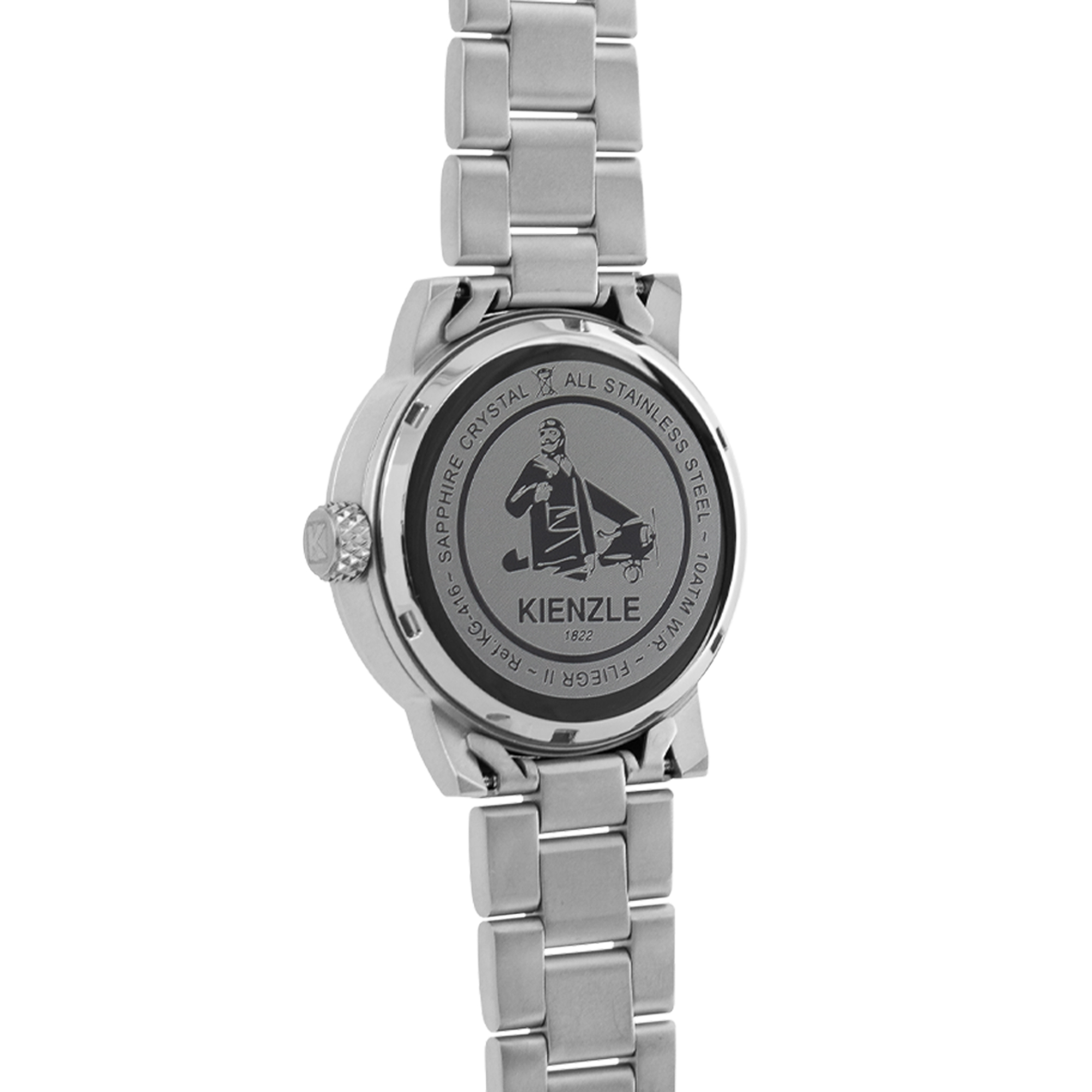 Rückseite einer silbernen Kienzle Flieger II Uhr mit Pilotenmotiv. Material: Edelstahl.