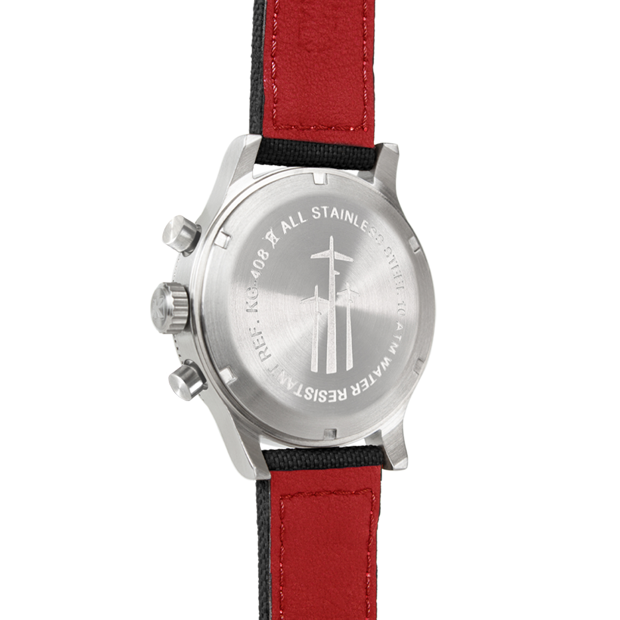 Rückseite einer Uhr mit rotem Armband, Edelstahlgehäuse, Wasserdichtigkeit 10 ATM.