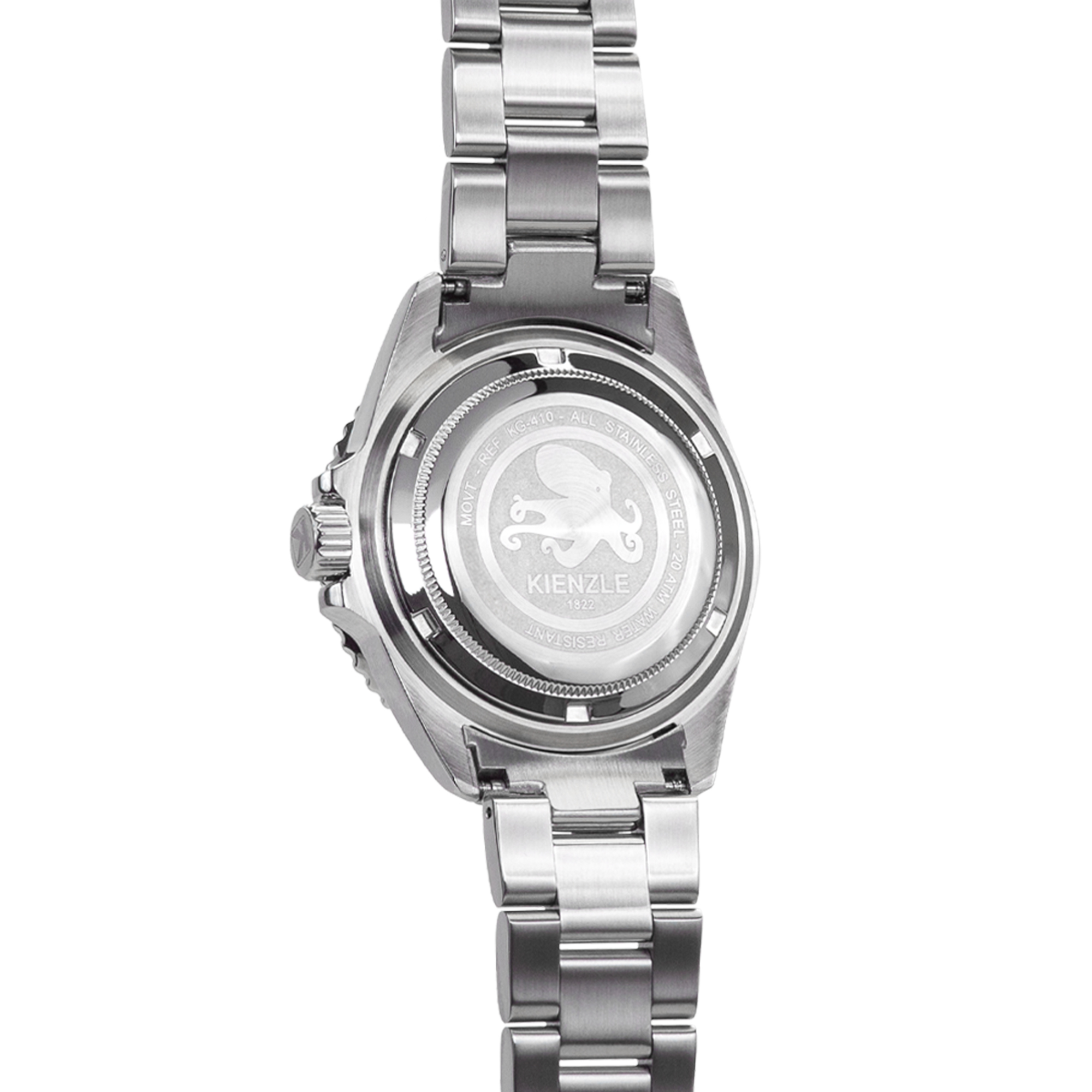 Rückseite einer silbernen Kienzle-Uhr mit einem Kraken-Logo und Beschriftung.
