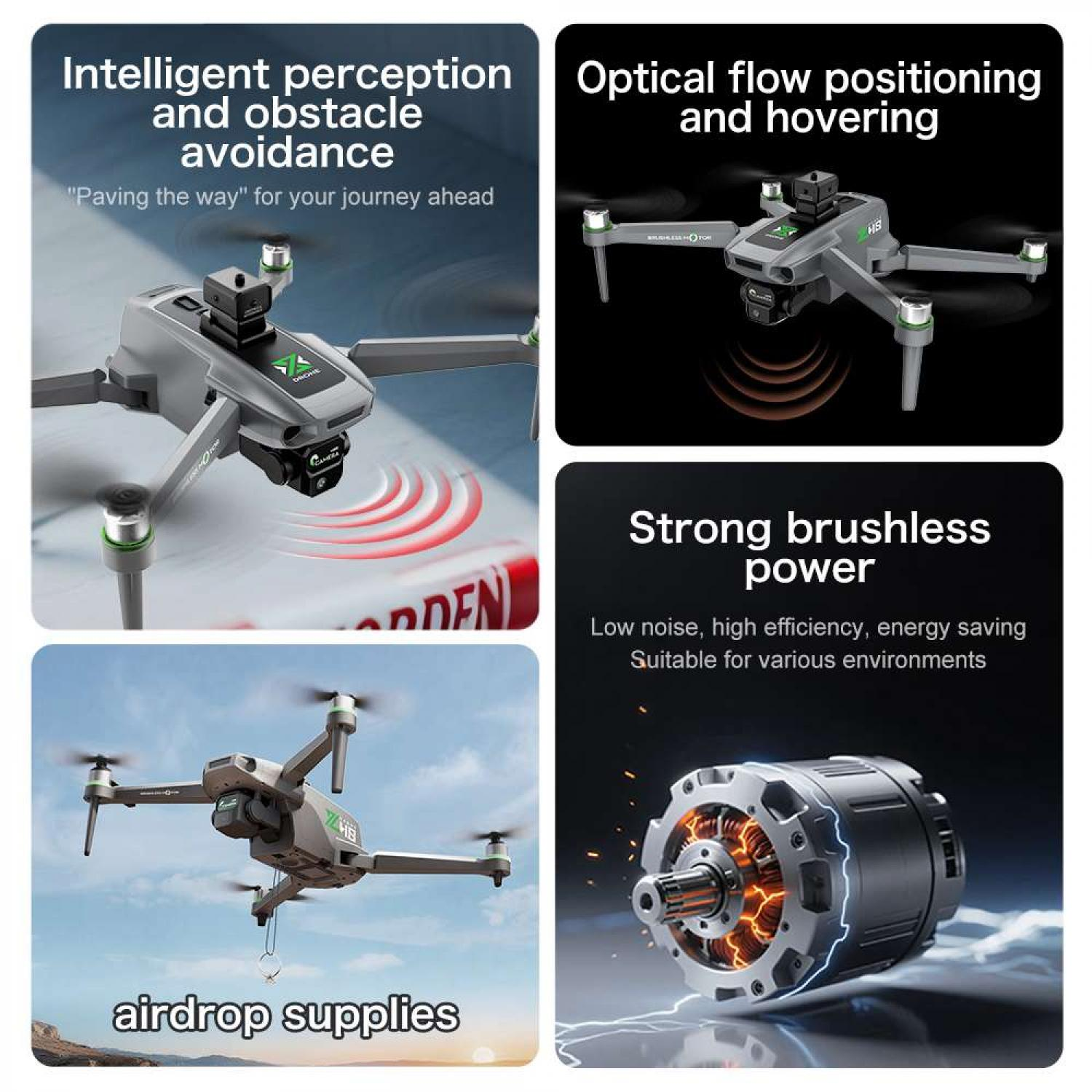 Collage von Drohnenfunktionen: Hindernisvermeidung, Schweben, Airdrop und bürstenloser Motor.