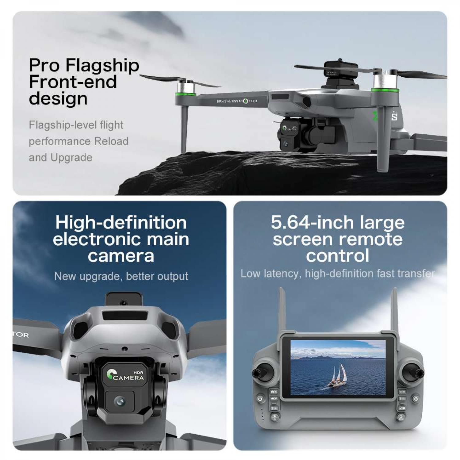 Grauer DJI-inspizierter Drohne mit Kamera und Fernbedienung mit Bildschirm.