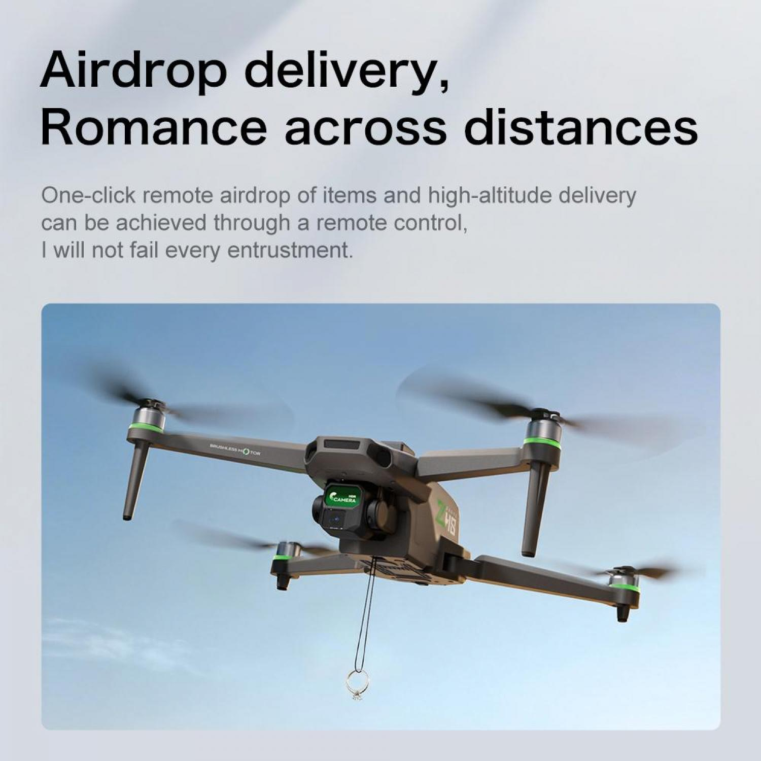Eine Drohne fliegt mit einem Ring am Himmel, bereit zur Lieferung.