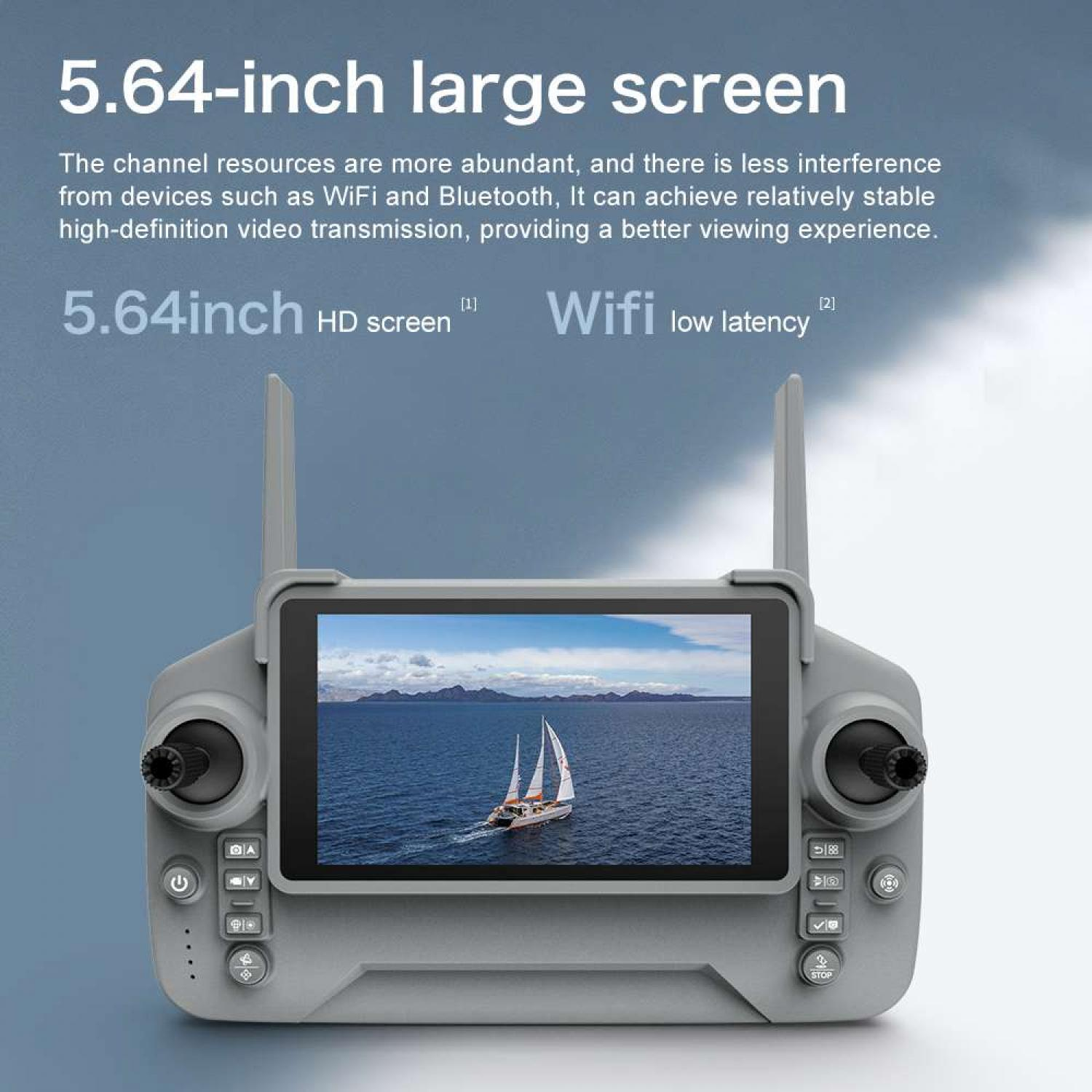 Grauer Controller mit 5,64-Zoll-Bildschirm, der ein Segelboot auf dem Meer zeigt.