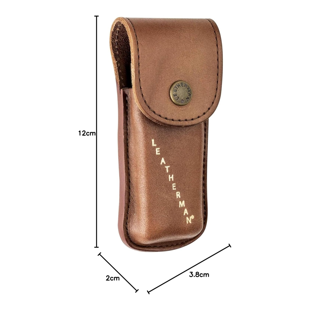 Braune Ledertasche für Werkzeuge, 12x3,8x2 cm. Leatherman-Logo eingeprägt.