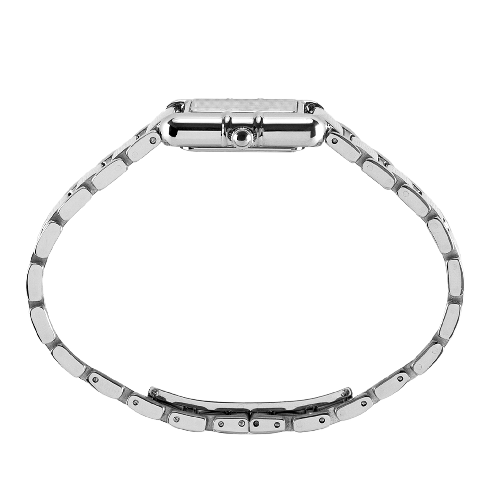 Eine silberne Damenuhr mit rechteckigem Gehäuse und Gliederarmband.