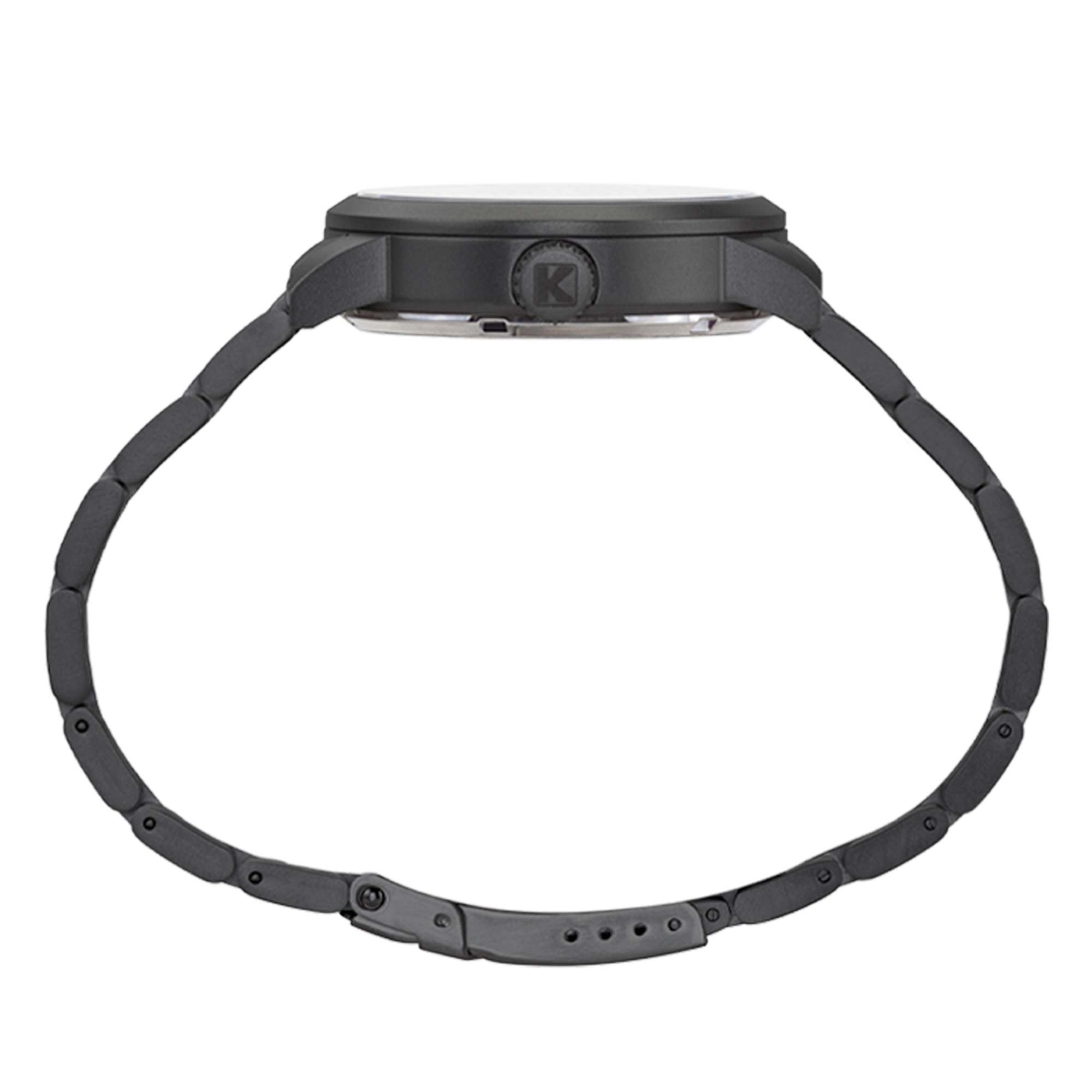 Eine dunkelgraue Metalluhr mit schwarzem Armband, Seitenansicht. Eine silberne Krone ist sichtbar.