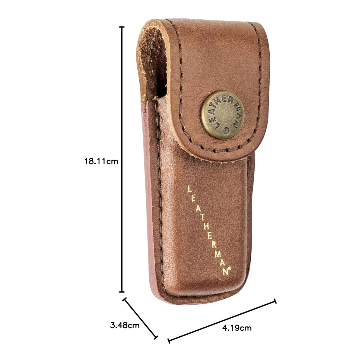 Braune Leatherman Multitool-Tasche aus Leder mit Druckknopf und Logo.