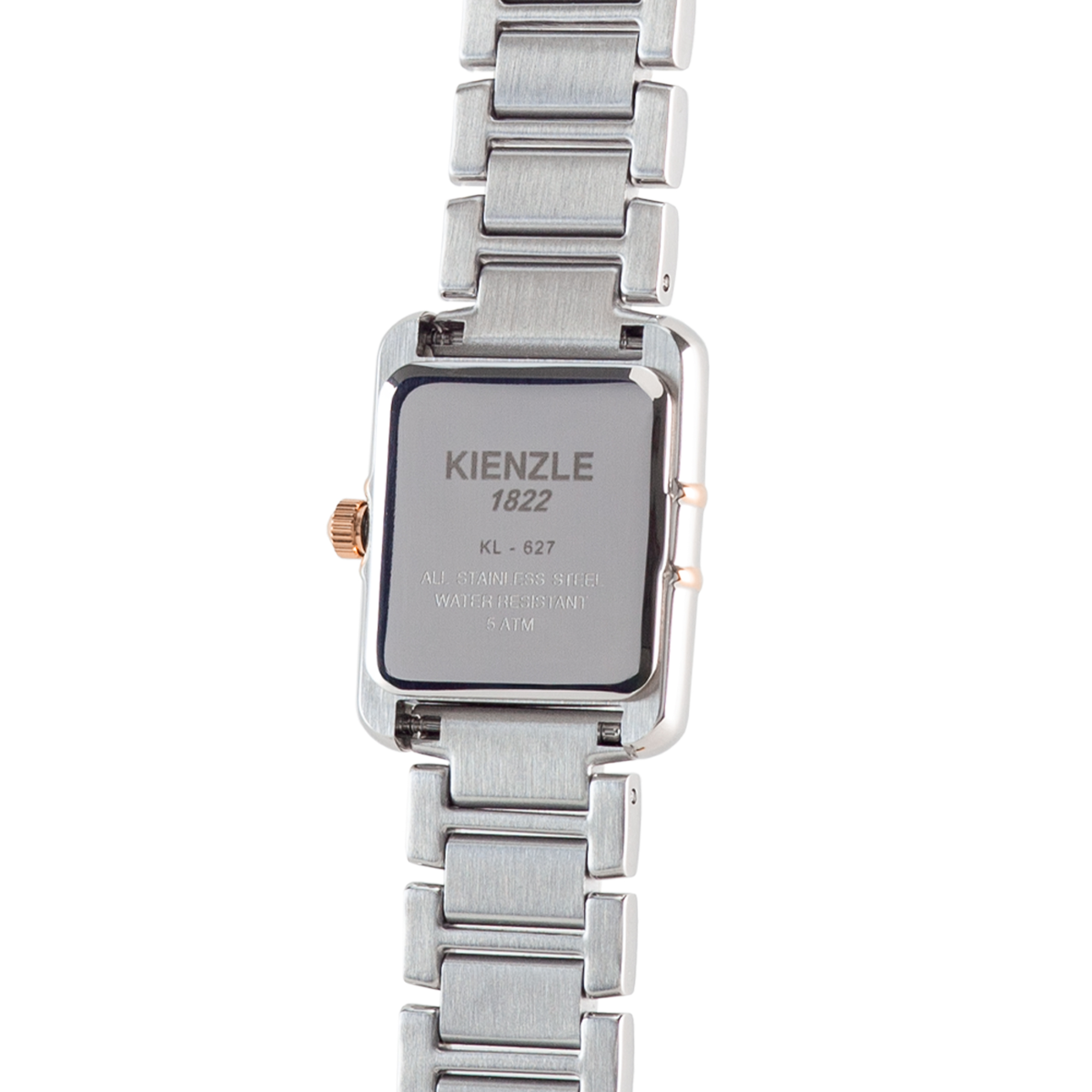 Rückseite einer silbernen Kienzle-Armbanduhr mit goldfarbener Krone.