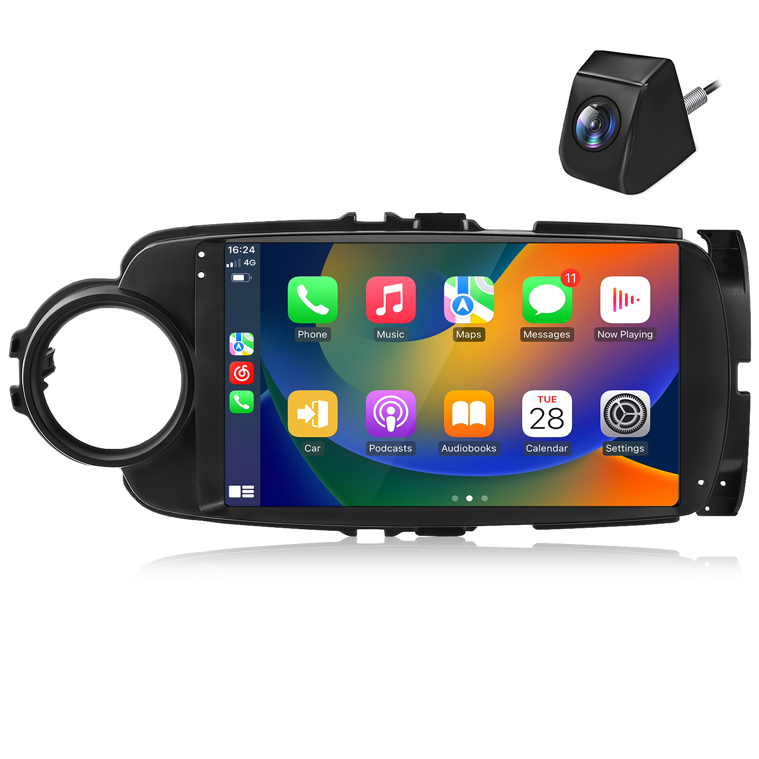 Ein Autoradio-Display mit Apps und eine Rückfahrkamera.