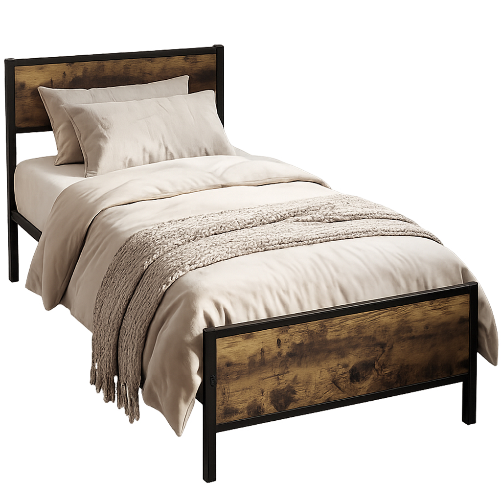 Ein Einzelbett mit schwarzem Metallrahmen und Holzverkleidung.