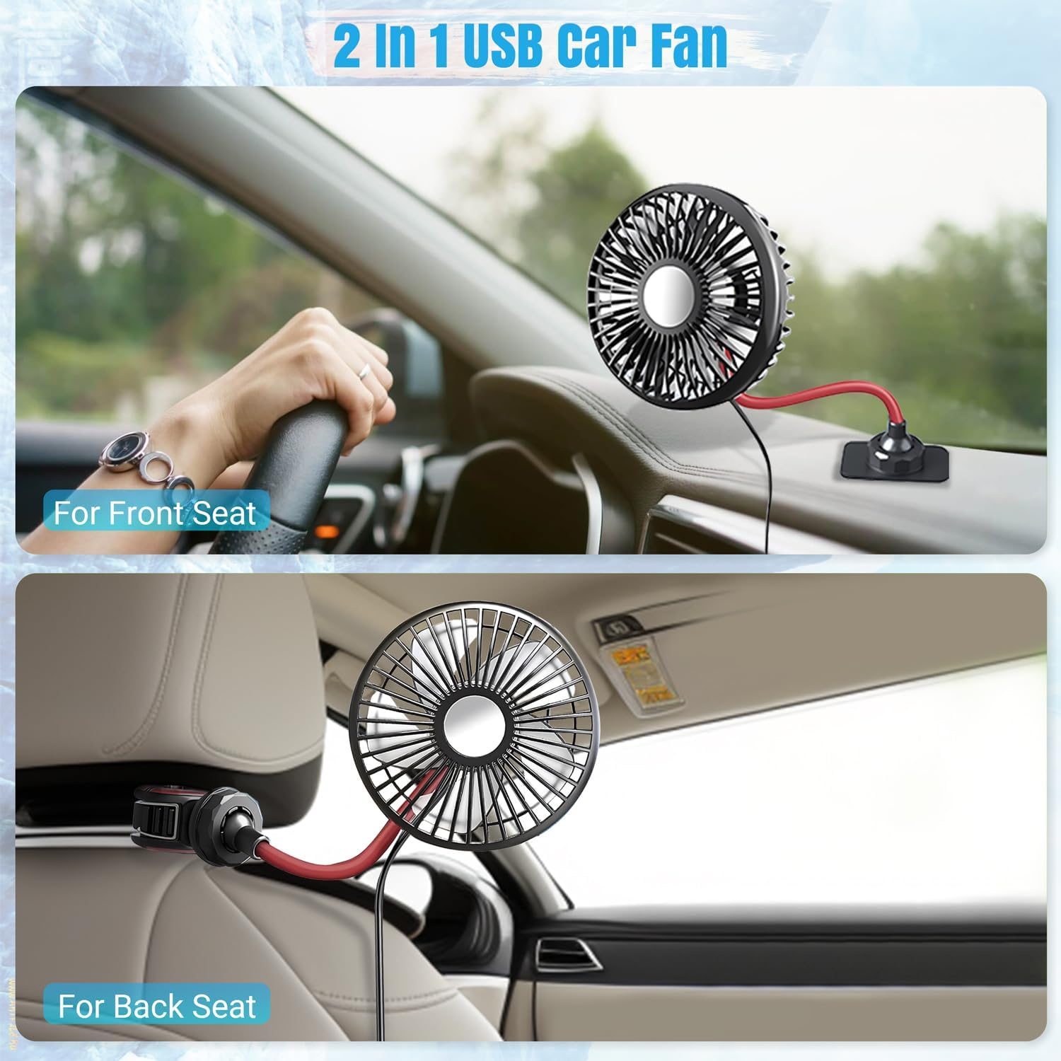Ein schwarzer USB-Autolüfter wird am Armaturenbrett und an der Rückseite eines Autos gezeigt.