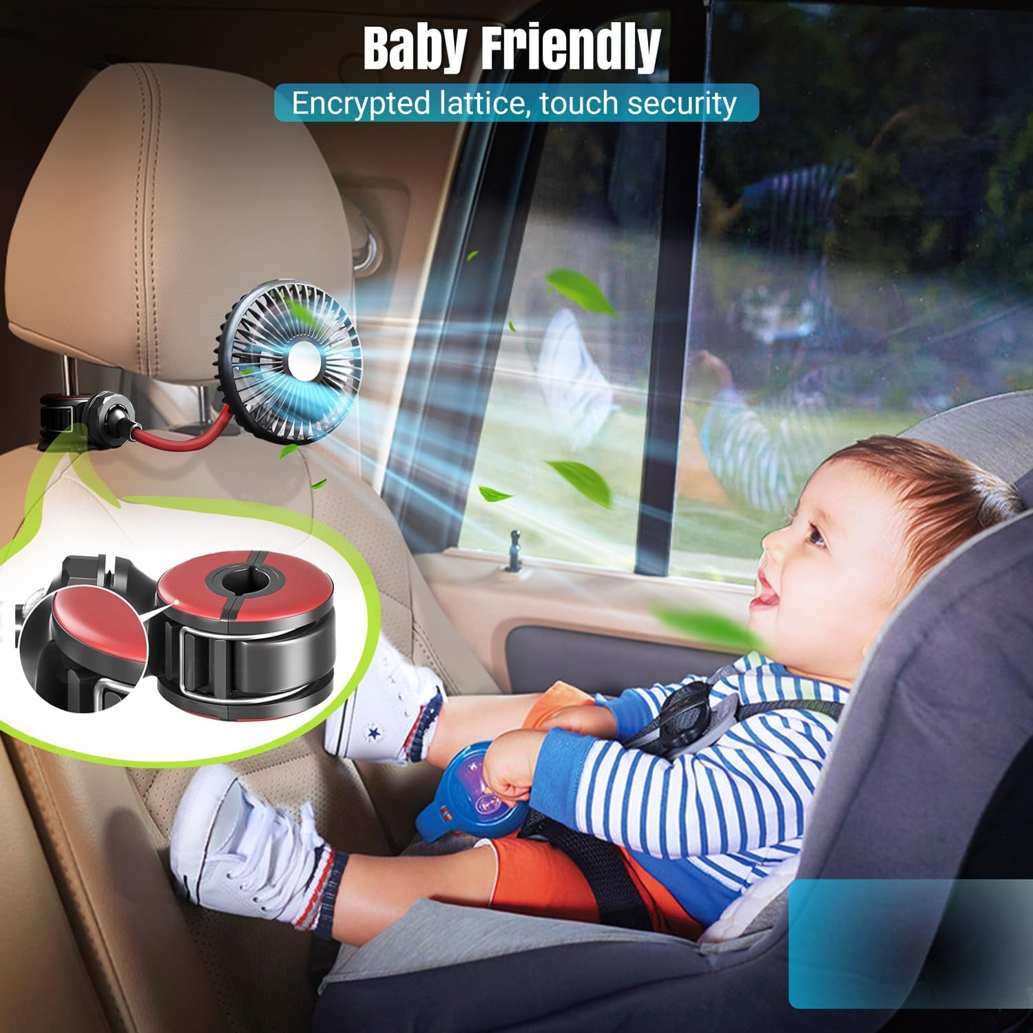 Autositz-Ventilator kühlt Baby. Enthält Clip und Nahaufnahme des Clips.