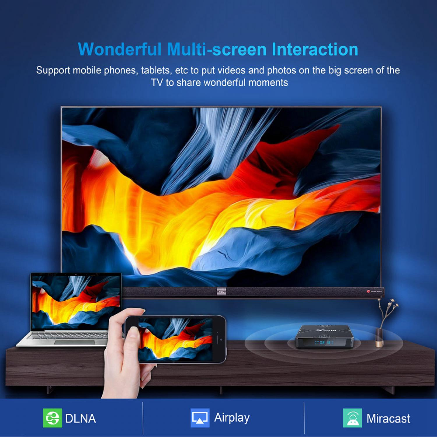 Ein Smartphone, ein Laptop und ein großer Fernseher zeigen ein buntes Bild. Ein Set-Top-Box ist daneben.