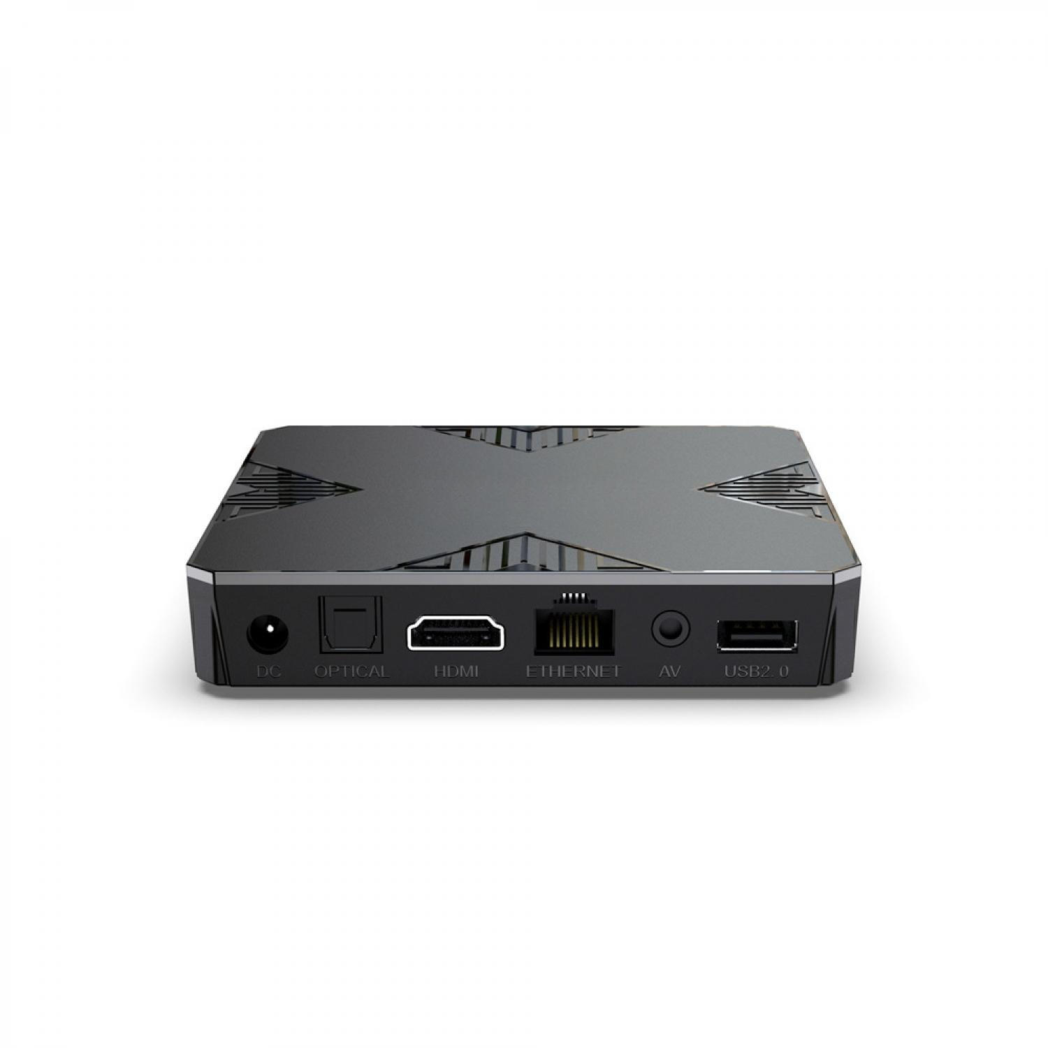 Rückansicht einer schwarzen Media-Box mit Anschlüssen: DC, Optical, HDMI, Ethernet, AV, USB 2.0.