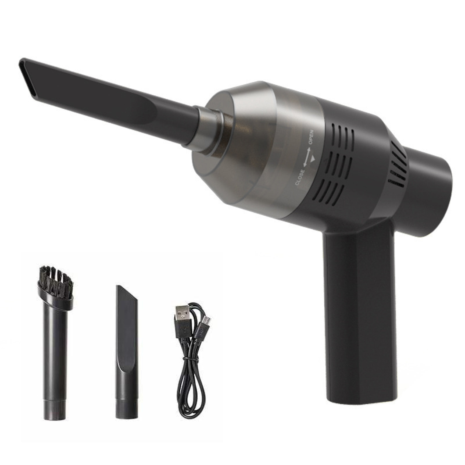 Ein schwarzer Handstaubsauger mit Zubehör und USB-Kabel auf weißem Hintergrund.