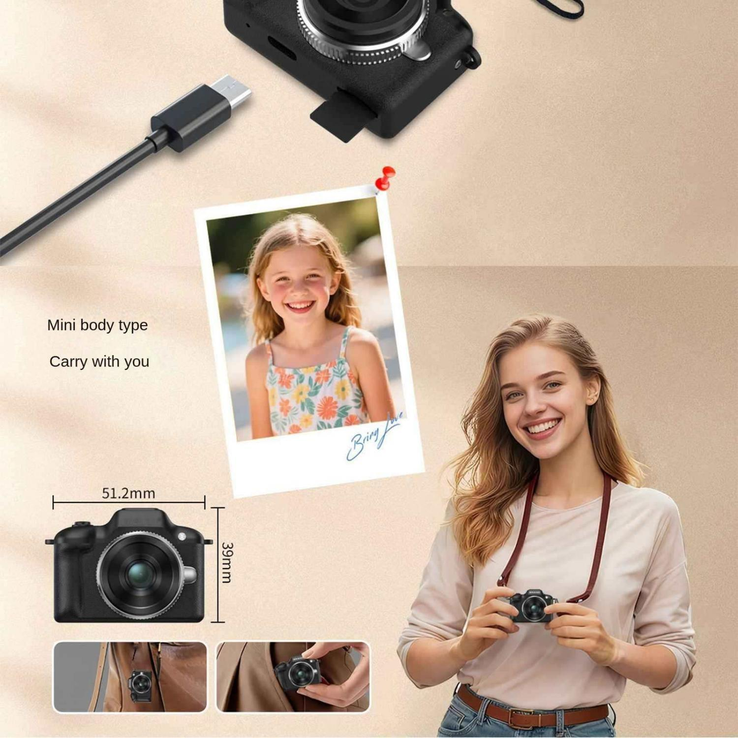 Kompakte Kamera mit USB-C-Kabel, Foto eines Mädchens und einer Frau, die sie trägt.