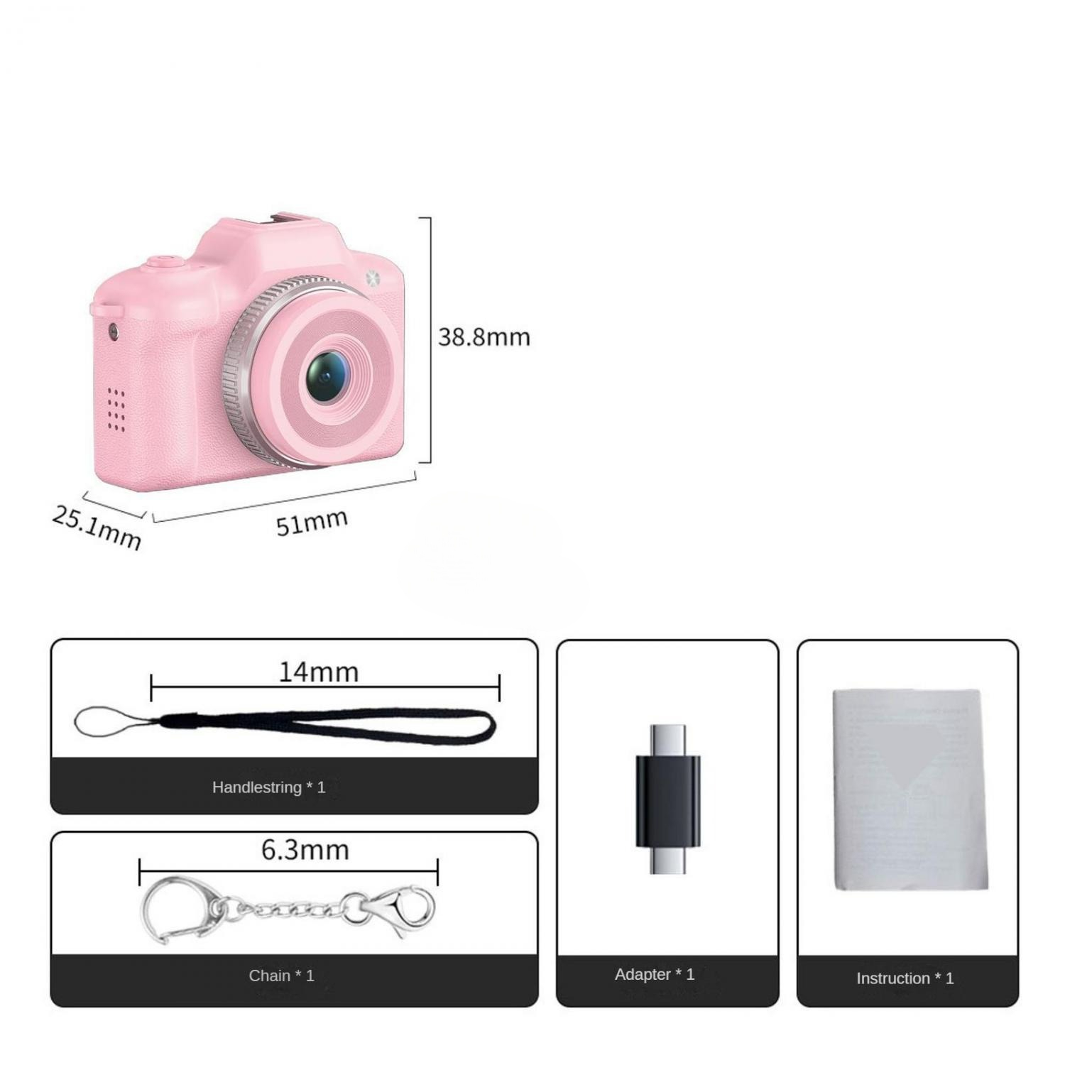 Pinke Digitalkamera mit Maßen, Handschlaufe, Kette, Adapter und Anleitung.