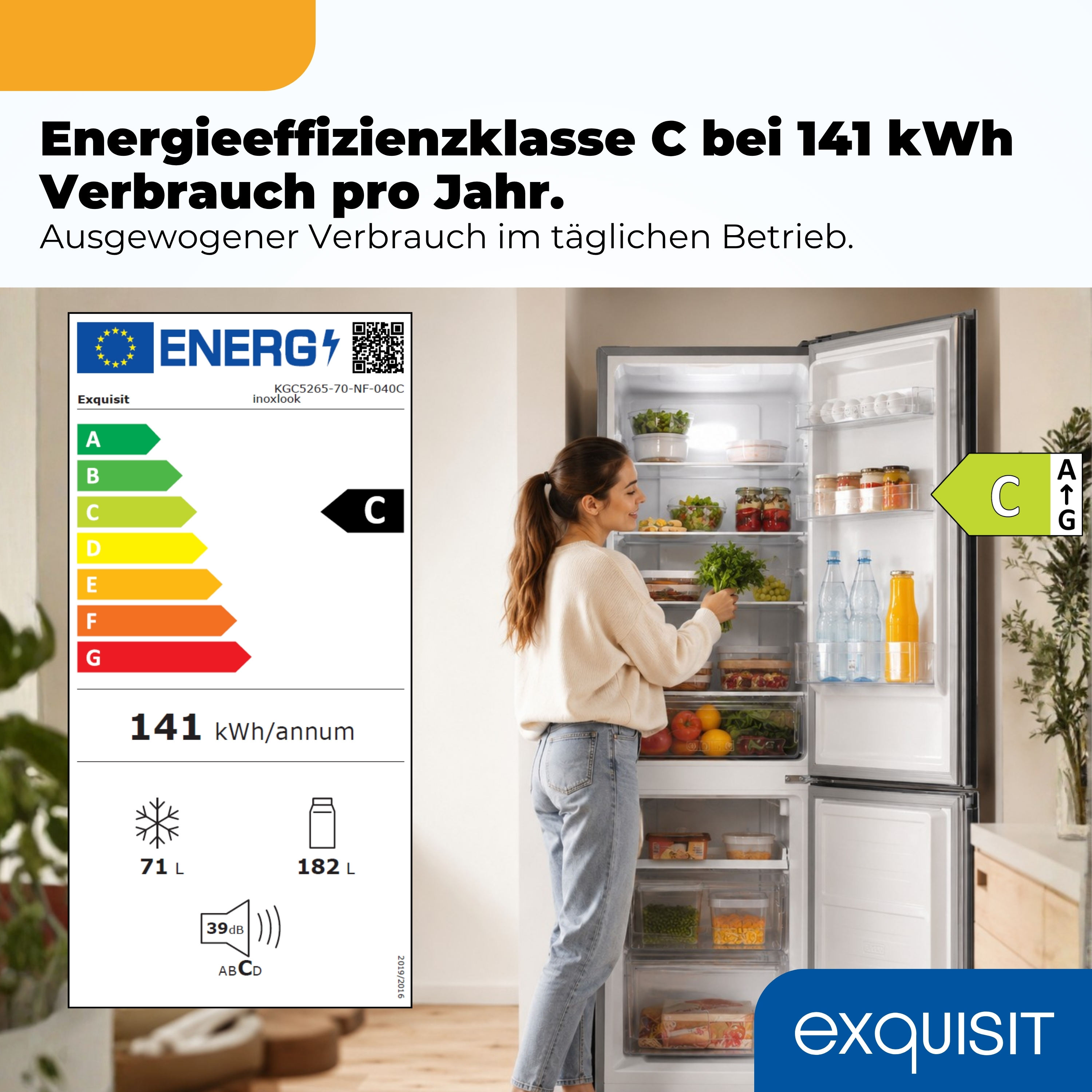 Frau füllt Kühlschrank, Energieeffizienz C, 141 kWh/Jahr, 71L Gefrierfach, 182L Kühlfach, 39dB.