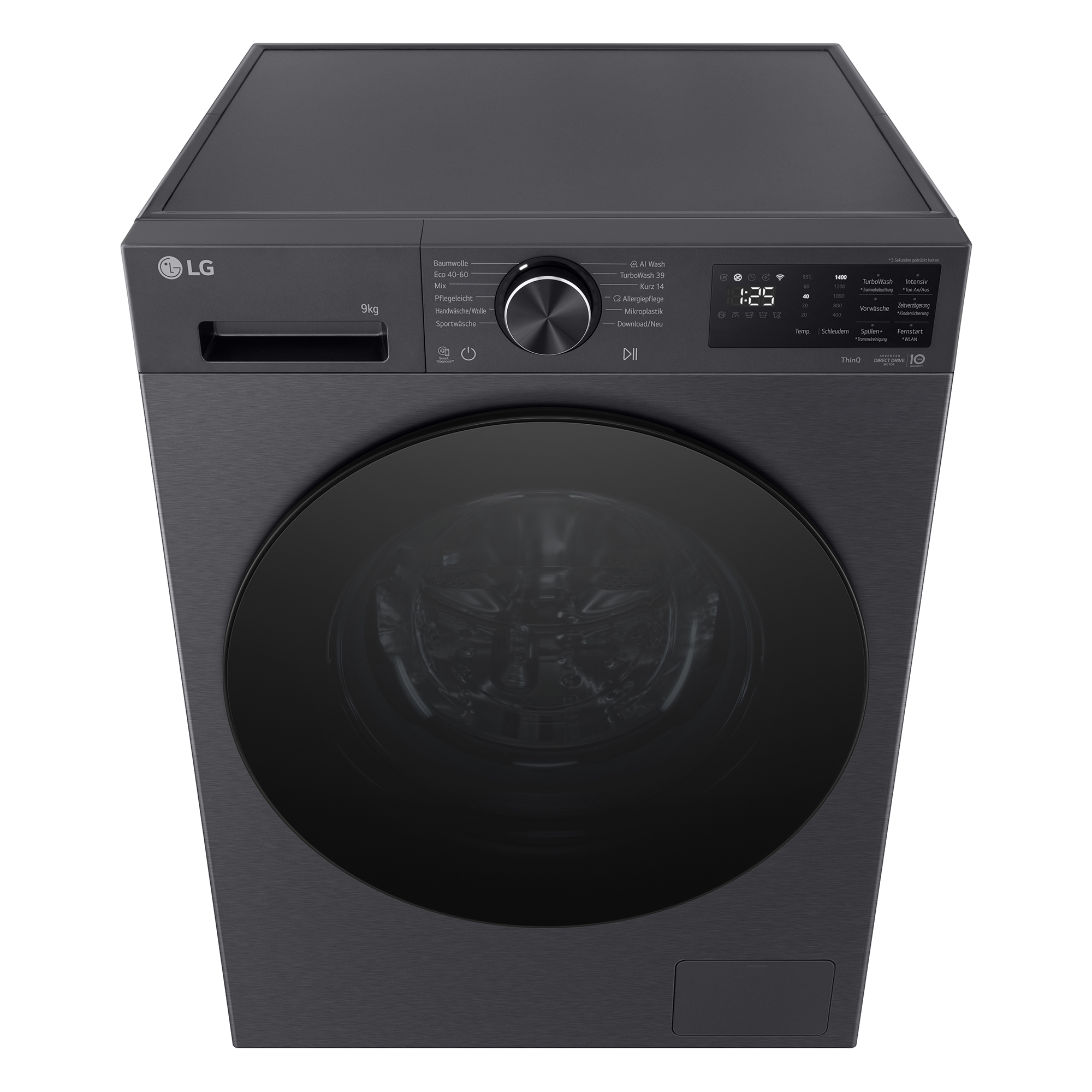 Eine dunkelgraue LG Waschmaschine mit einem schwarzen Bullauge und Bedienfeld.