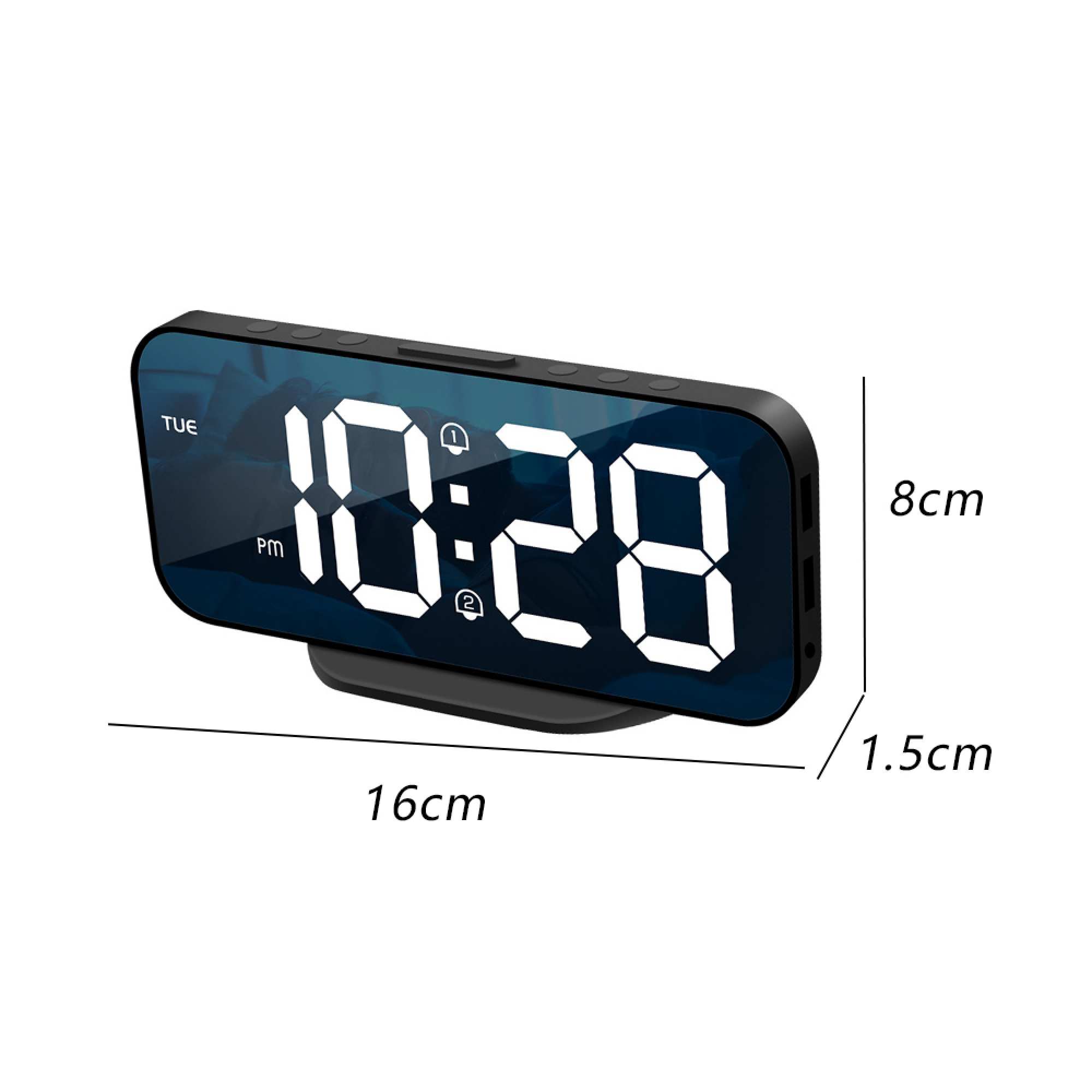 Digitaler Wecker zeigt 10:28 Uhr und Dienstag. Maße: 16x8x1.5cm.