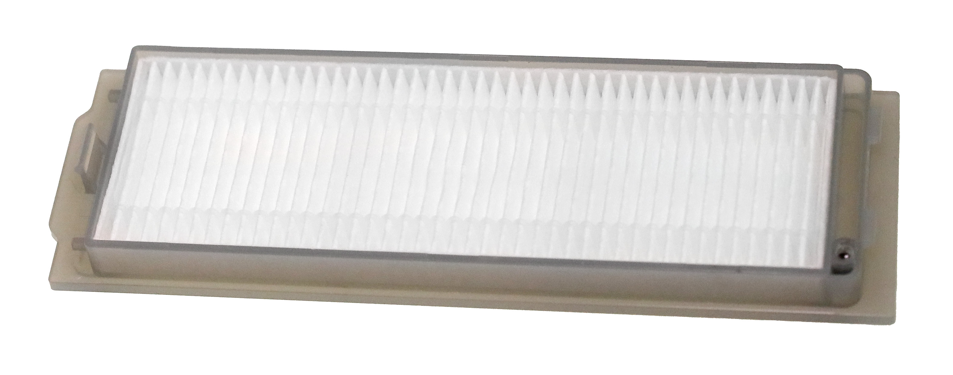 Ein weißer Filter mit vielen Falten in einem transparenten und hellbraunen Rahmen.