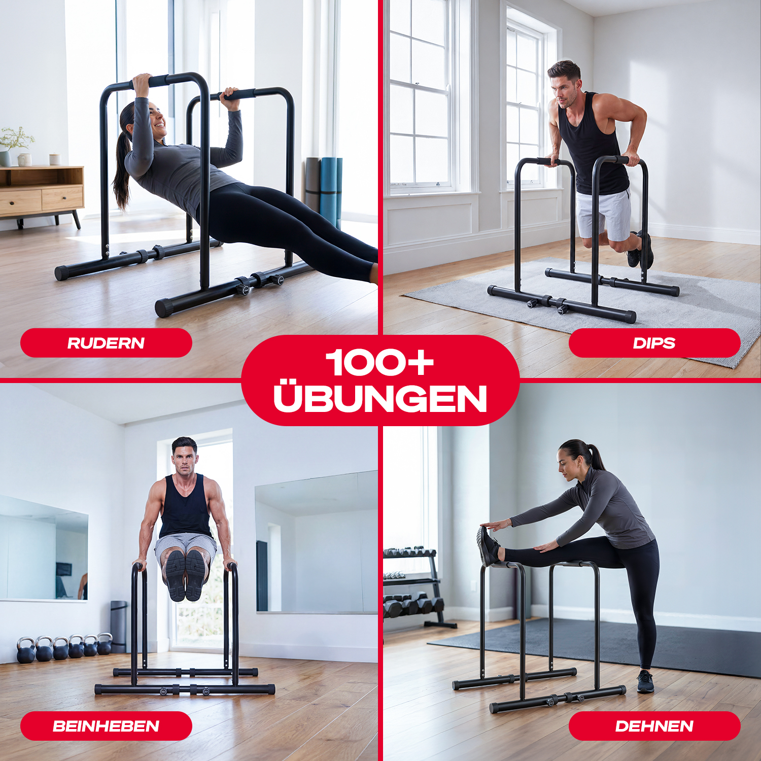 Vier Übungen auf Parallettes: Rudern, Dips, Beinheben, Dehnen.