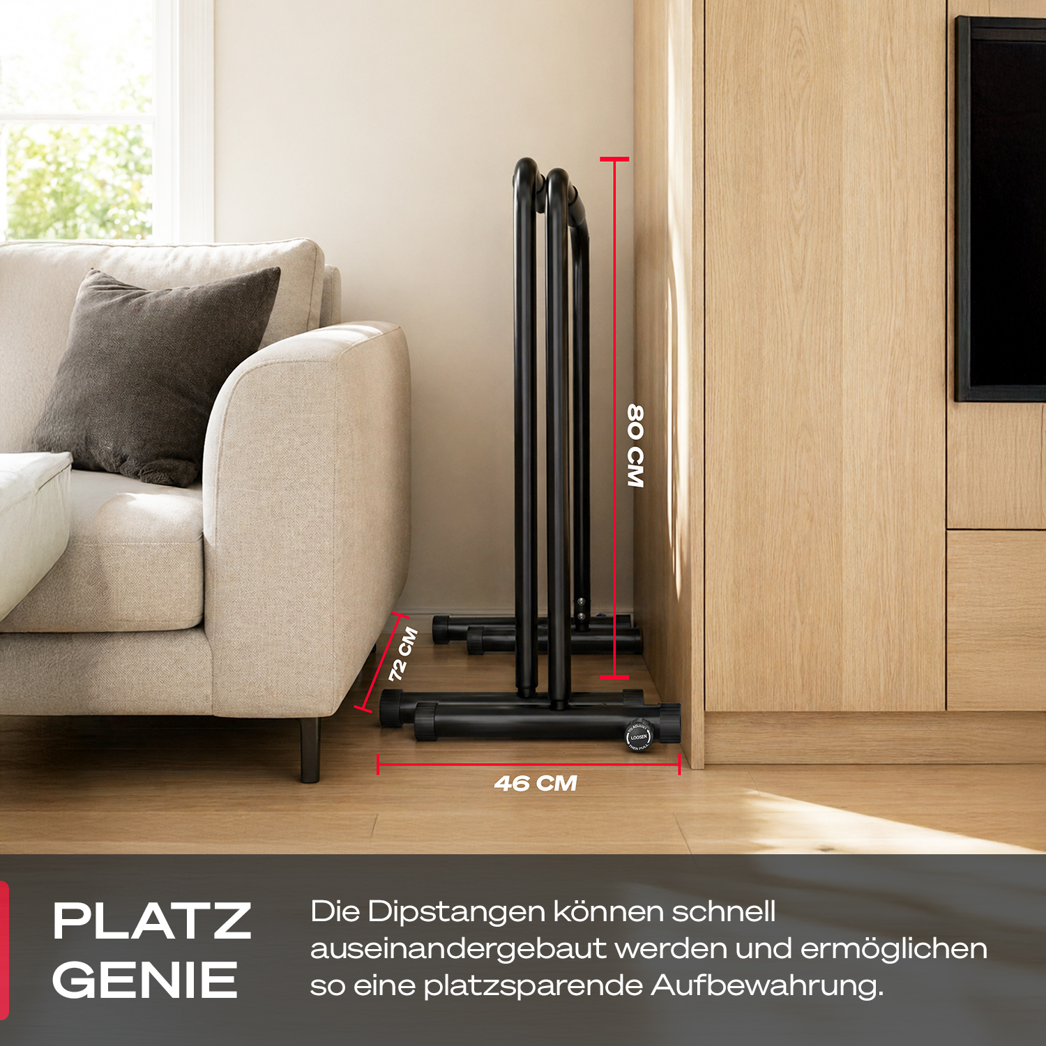 Schwarzes Dip-Ständer-Set, 80cm hoch, 72cm tief, 46cm breit, neben Sofa.
