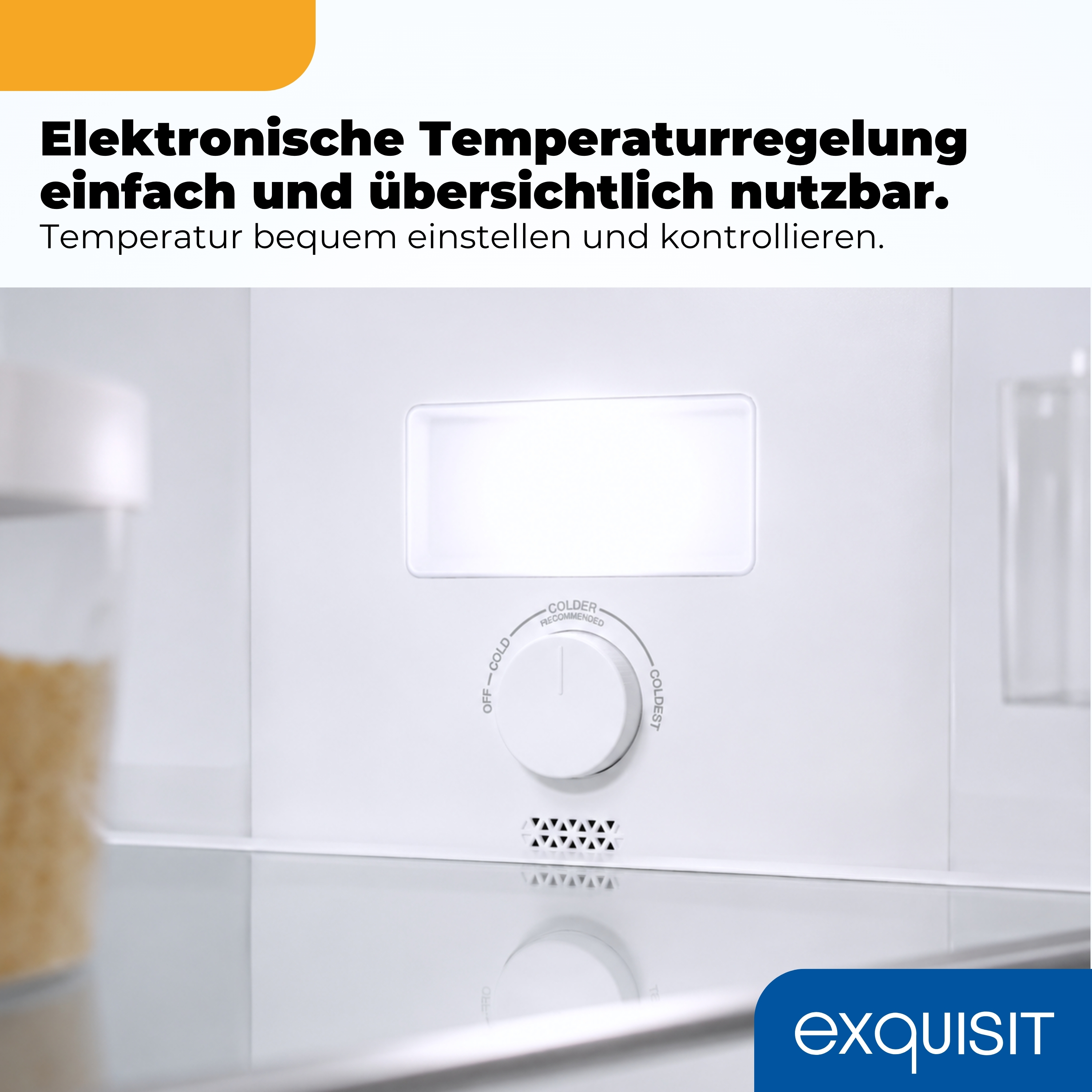 Naheinstellung des Temperaturreglers mit Beschriftungen.